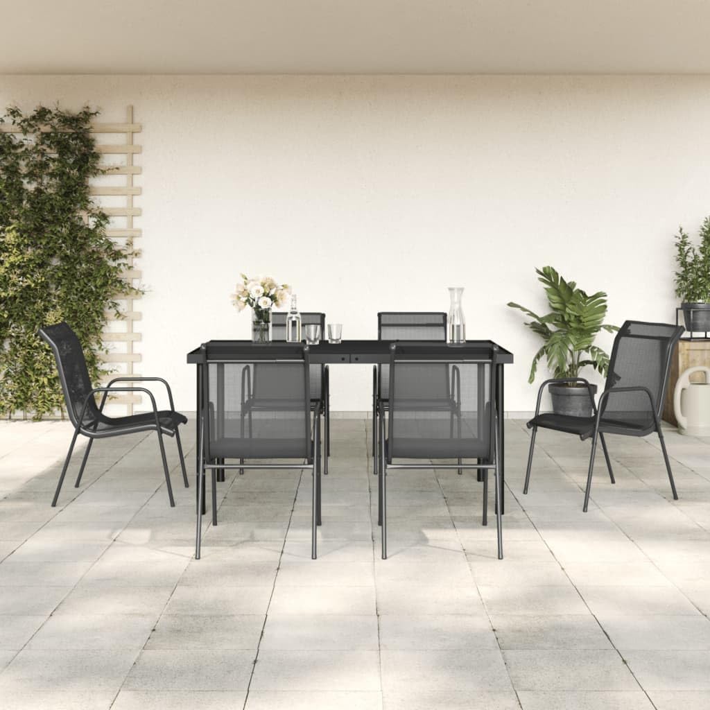 7 Piece Patio Dining Set Black Steel and Textilene Garden Furniture
