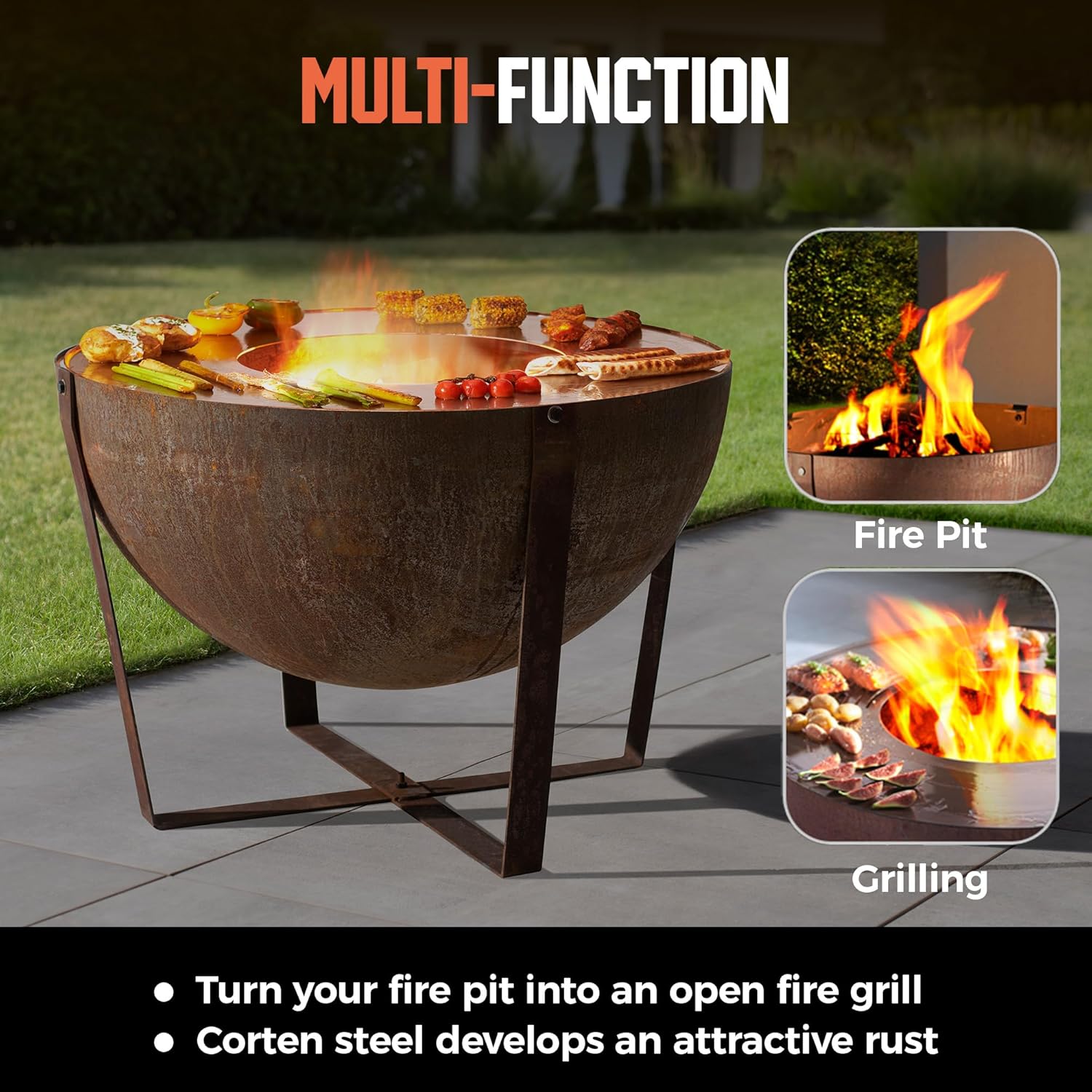 Corten Steel Heavy-Duty Fire Pit with Grilling Ring,Fire Pit Bowl with Stand,Round Firepit with Handle, Weathering Steel Wood Burning Firepit for Outside Backyard Deck Party Bonfire,32”