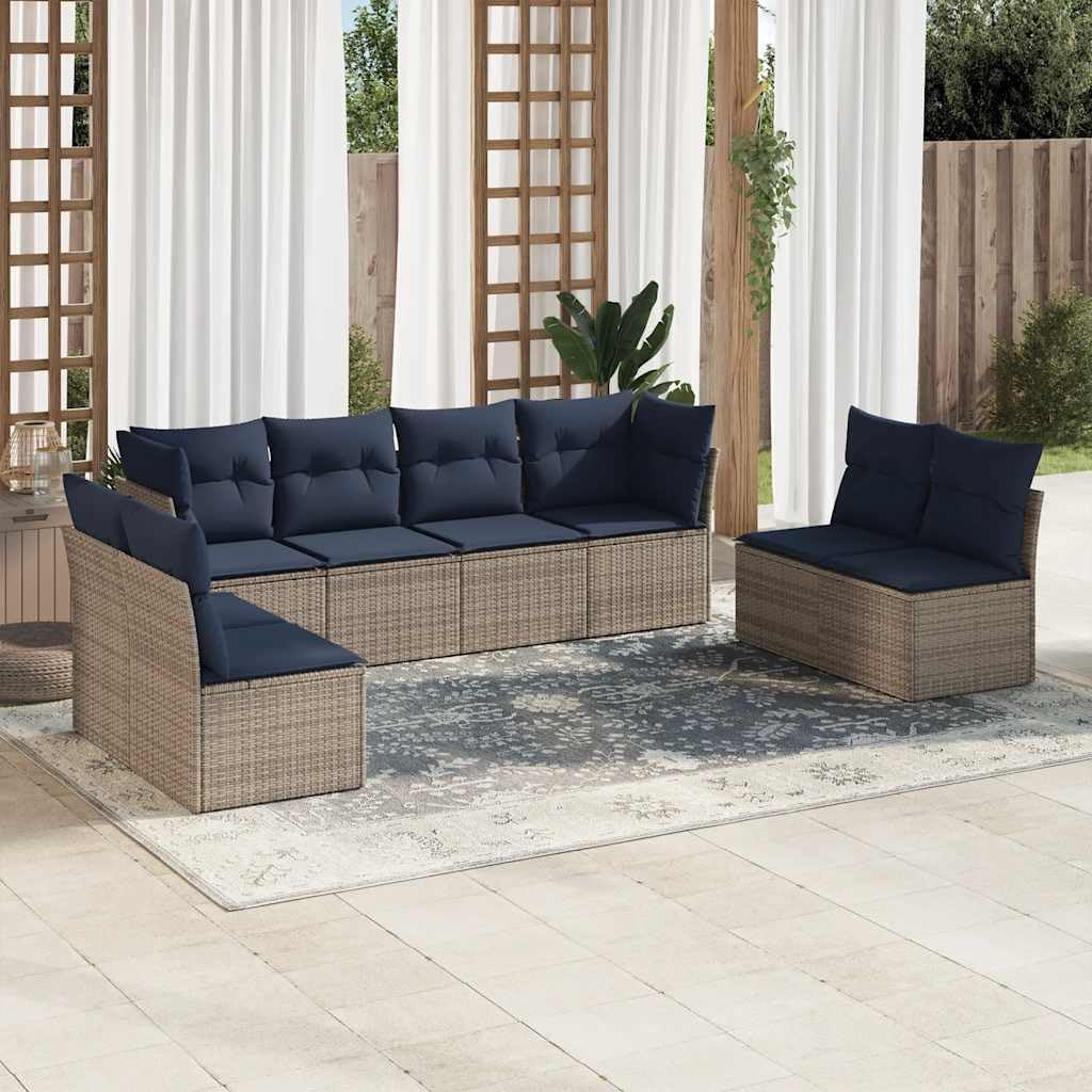8 Piece Patio Sofa Set, Gray Poly Rattan Outdoor Furniture with Navy Cushions, Modular Design for Backyard Terrace, UV-Proof, 24.4