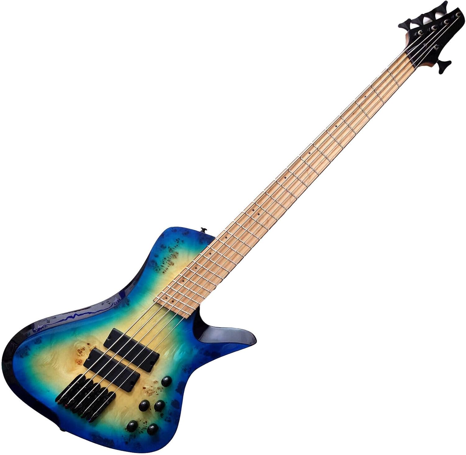 Upgrade 5 String Electric Bass Guitar Fanned Fret Blue Burl Burst Quilt Maple Top Roasted Maple Neck