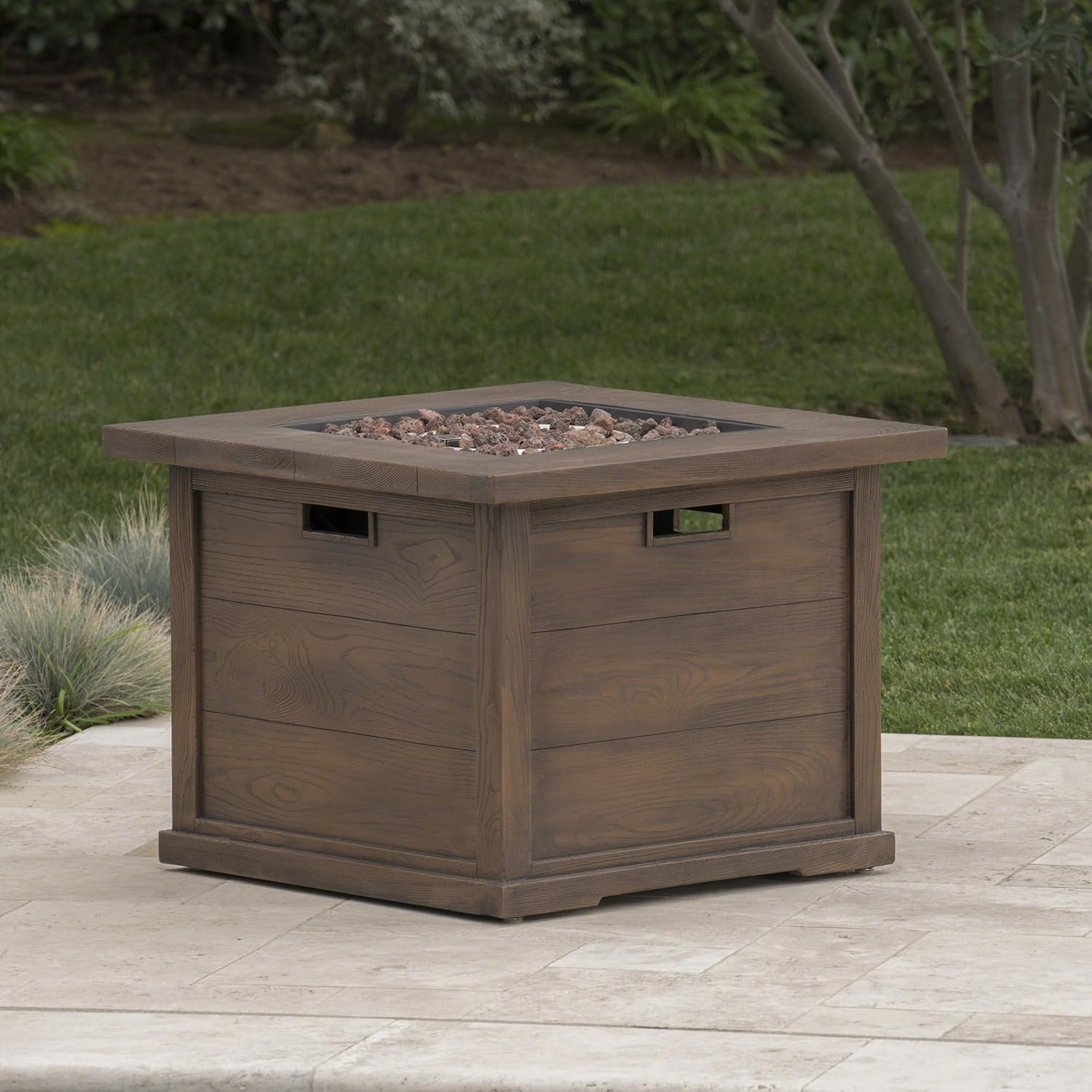 Patio Square Gas Fire Pit-24 ” H 32 ” W Concrete Wood Pattern-Brown, 40,000 Btu with Door, Outdoor Heater for Backyard, Deck (1 Doors)