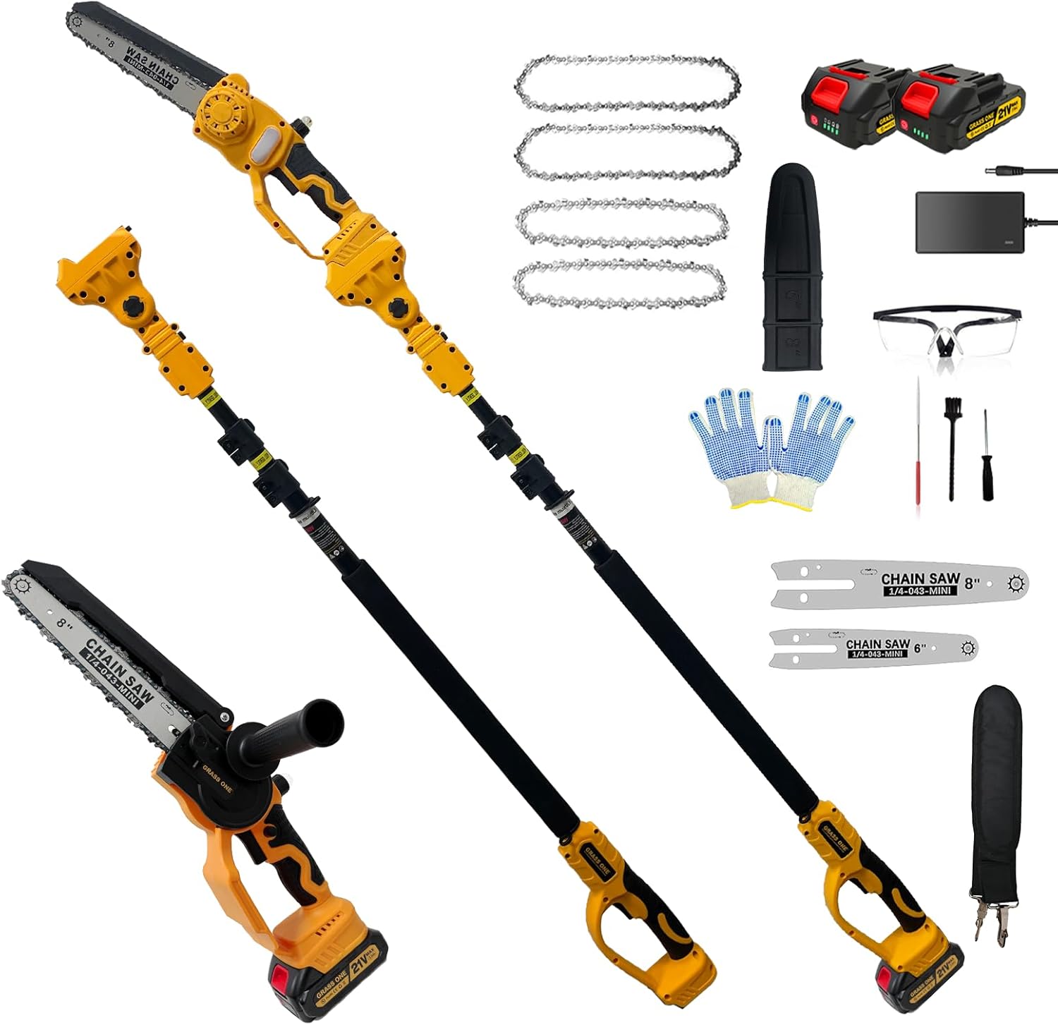 8 inch & 6 Inch Portable Electric Chainsaw, Mini Chainsaw Cordless with Extension Pole, Tree Trimmer Limb Branch Cutter Pruner with 2 Battery, pole saws for tree trimming (Yellow-PS1)