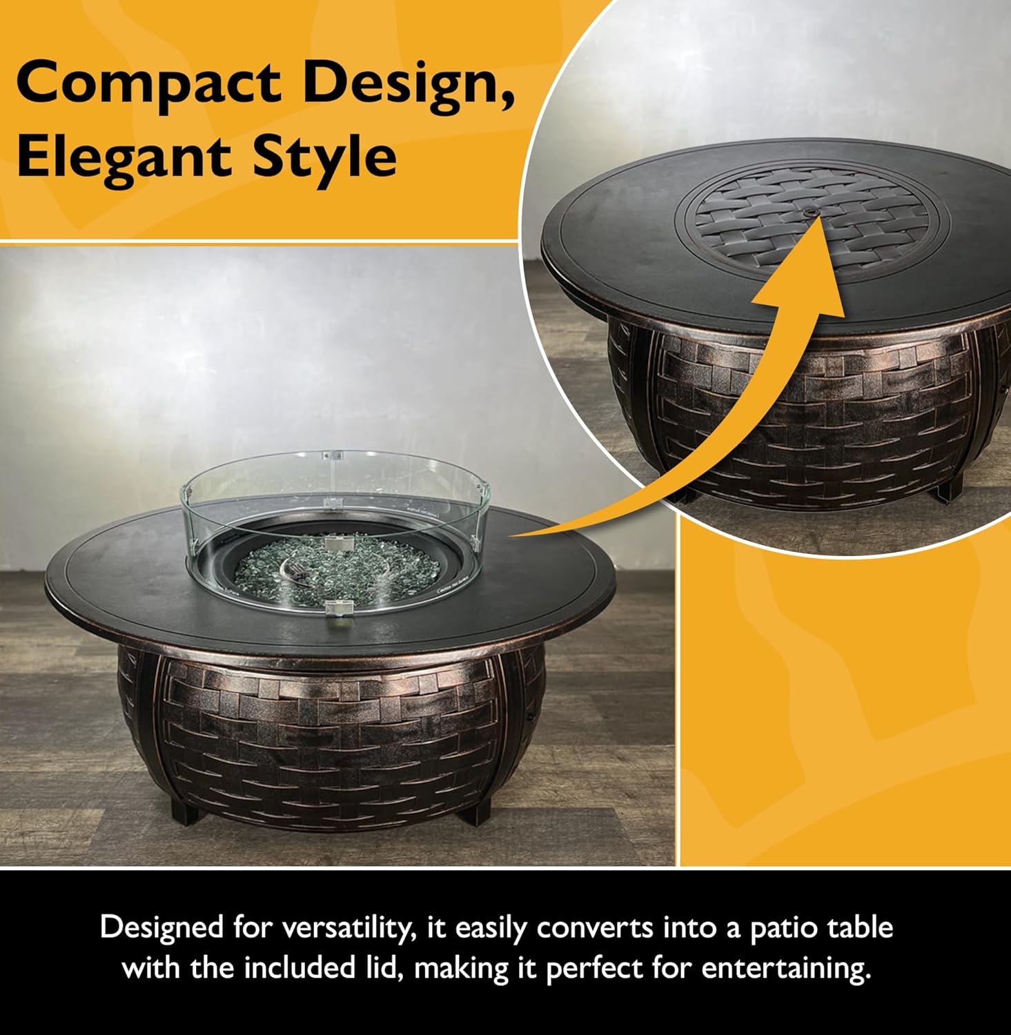 Golden Flame Bel Air 48 x 38 Oval | 55,000 BTU Cast Aluminum Natural Gas Fire Pit Table with Lid, Fire Glass Rocks, Patio Cover, 12-Ft NG Hose | Outdoor Tabletop Fireplace | Antique Copper Finish