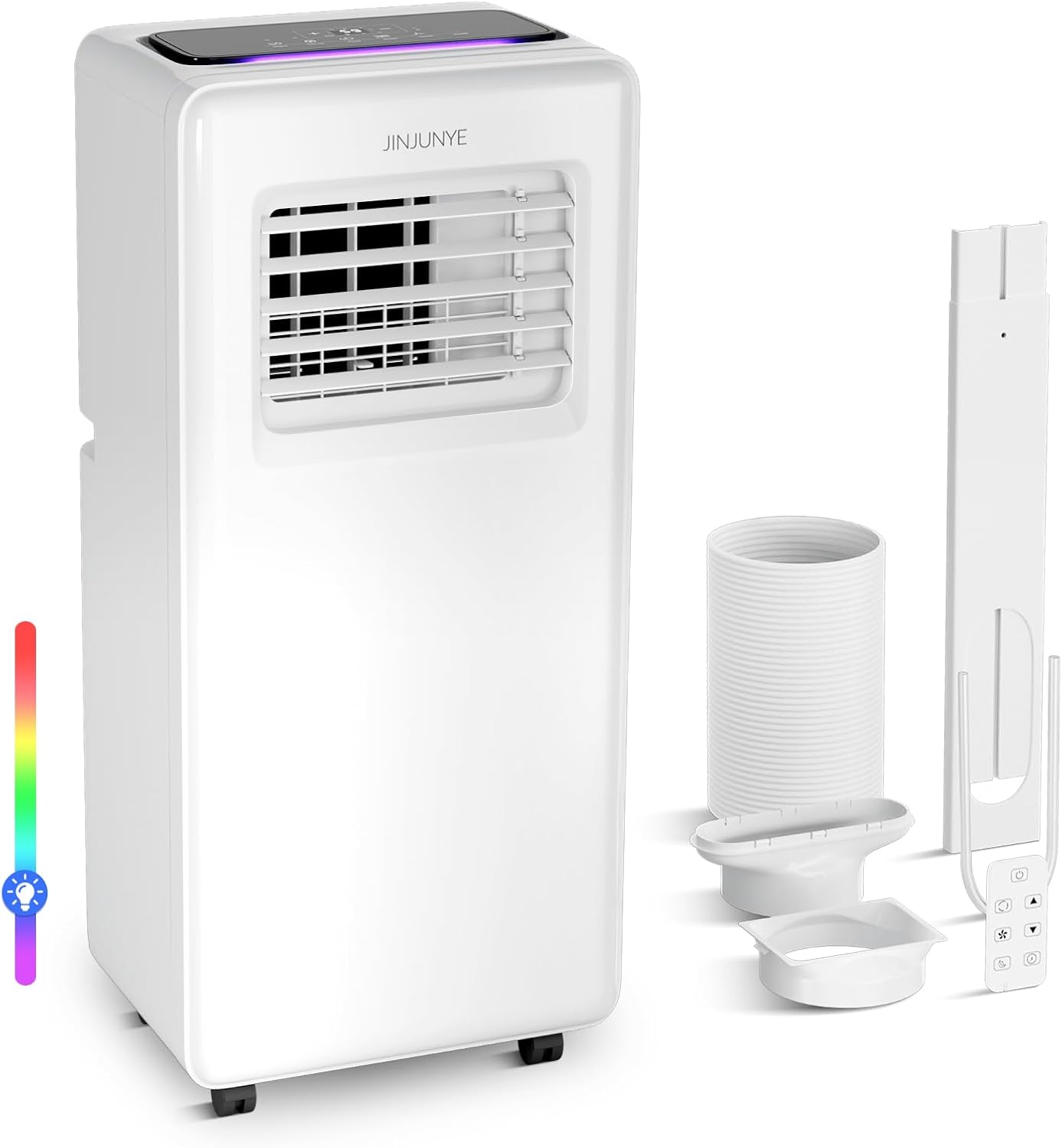JINJUNYE 10,000 BTU Portable Air Conditioners 4 IN 1 with 7 Colors LED Light, Portable AC Unit Dry, Fan, Sleep Mode, Cools Up to 450 Sq.Ft, 24H Timer, Window Kit, Not Include Battery KF450062-1