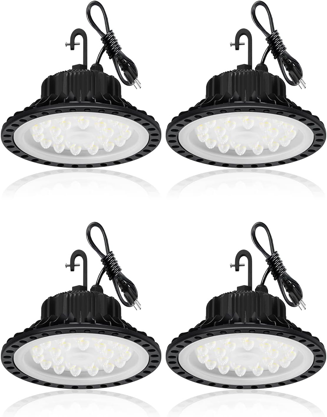 LED High Bay Light 100W 4 Pack 6500K LED Bright Shop Light 10000LM，IP65 Waterproof UFO LED High Bay Light with US Plug for Factorie, Warehouse, Workshop, Garage, Commercial Shop.