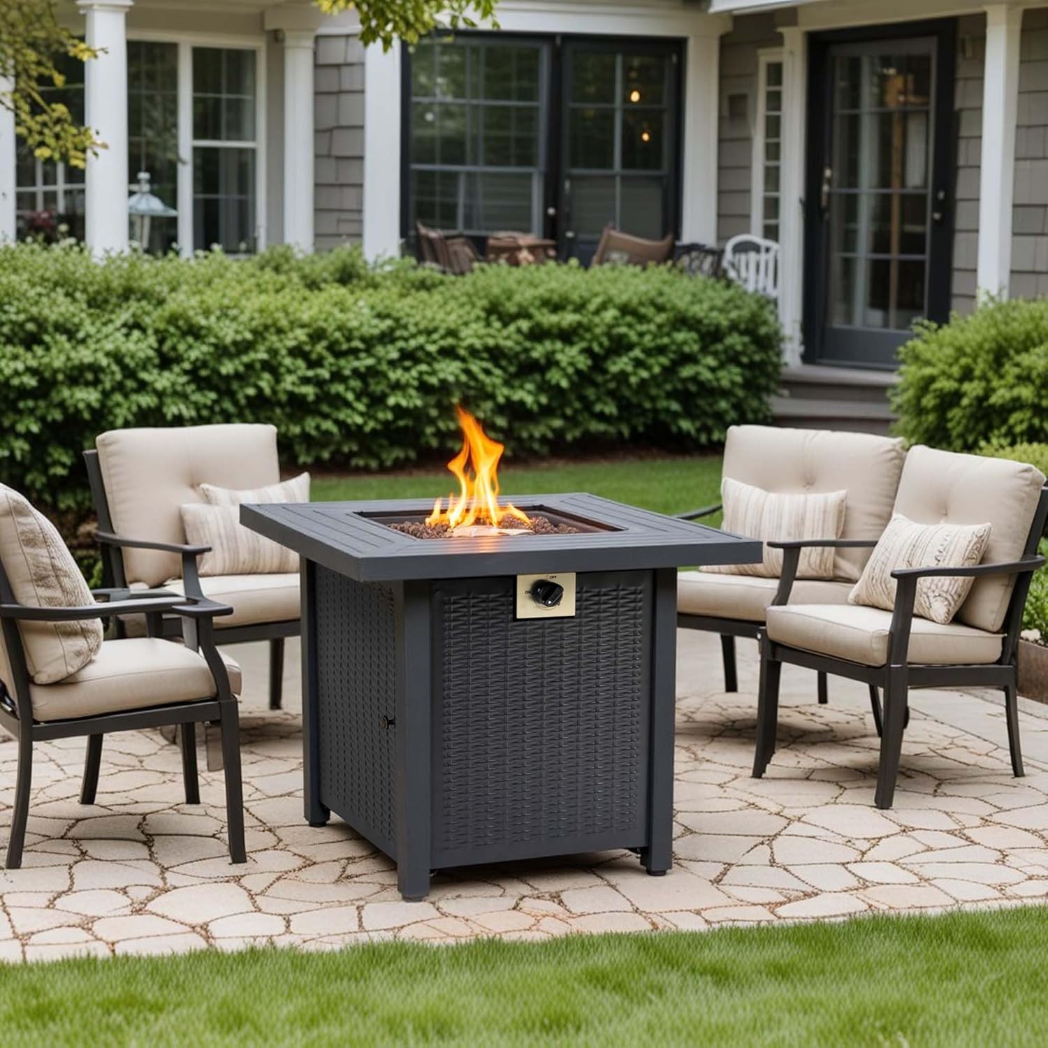 28'' Propane Fire Pit Table, 50,000 BTU Patio Fire Pit Table, 3-in-1 Multi-Use Iron Square Propane Firepit, Fit Patio Backyard Deck Outdoor Gatherings