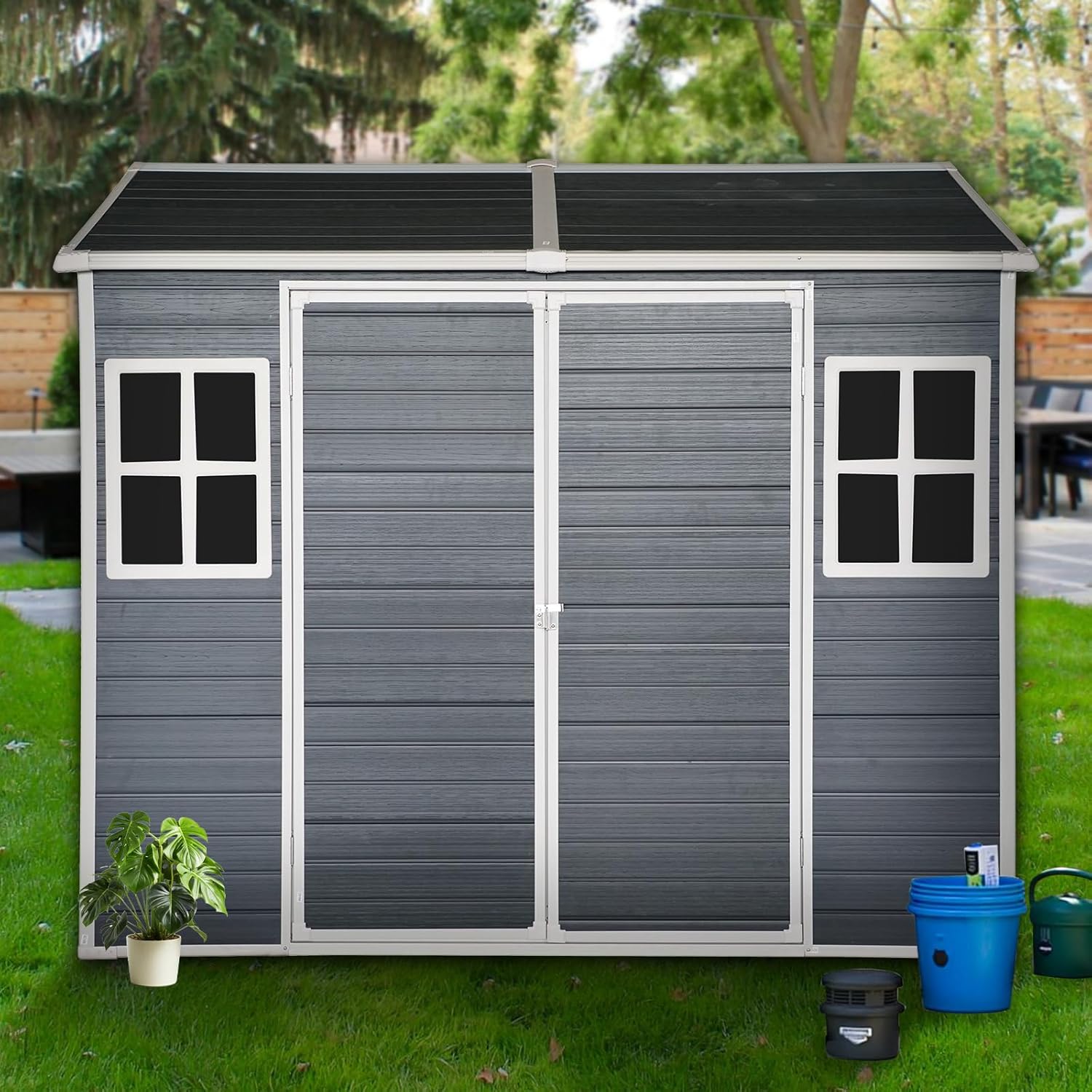 Outdoor Storage Shed 8x6 FT with Floor, Large Resin Shed for Garden Tools, Bikes, and Trash Cans | Lockable Plastic Shed with 2 Windows, Weather-Resistant Storage for Backyard and Patio