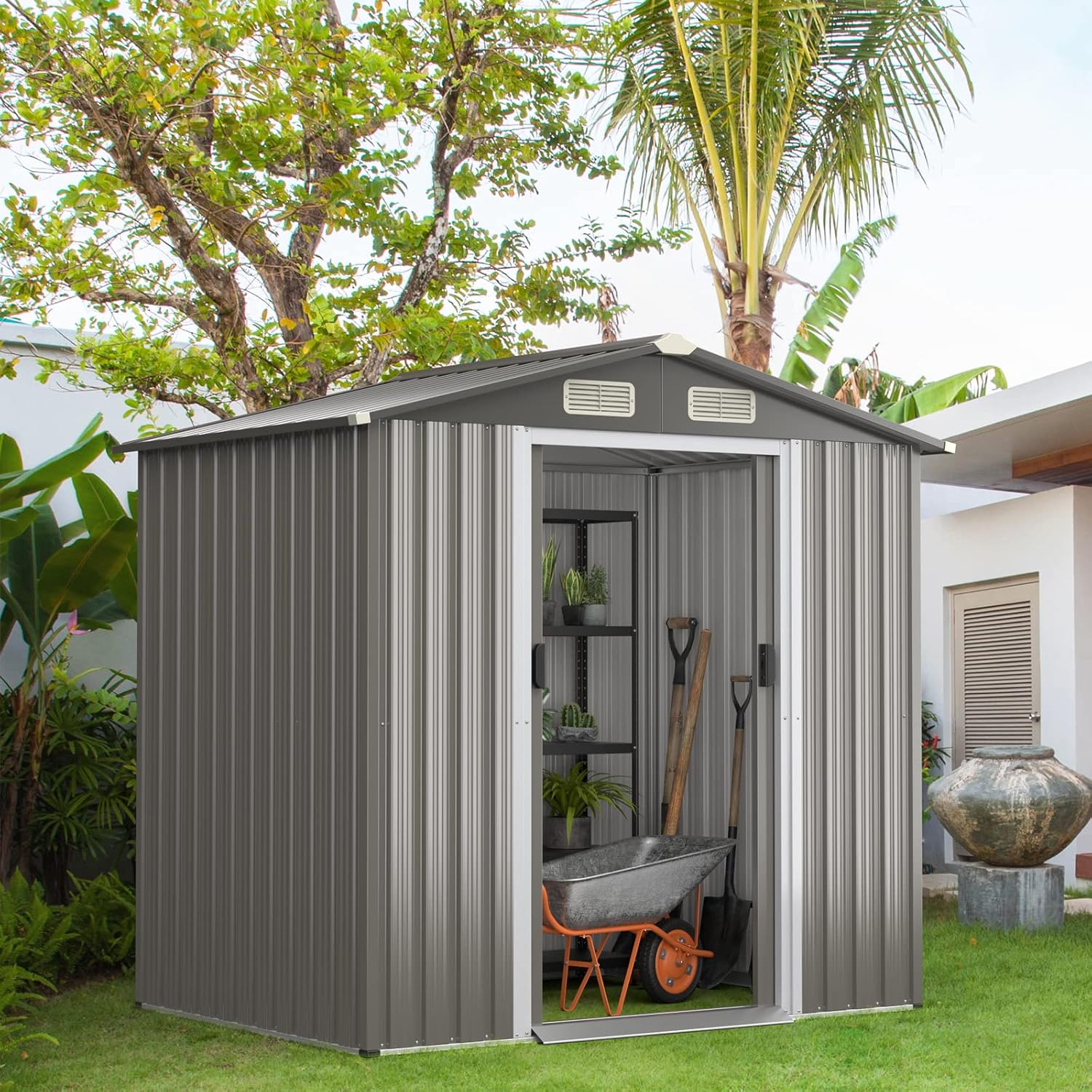 IRONMAX Outdoor Storage Shed, 6x4 FT Galvanized Steel Large Garden Shed w/Lockable Sliding Doors & Air Vent, Heavy Duty Waterproof Tool Storage House for Backyard Patio Lawn
