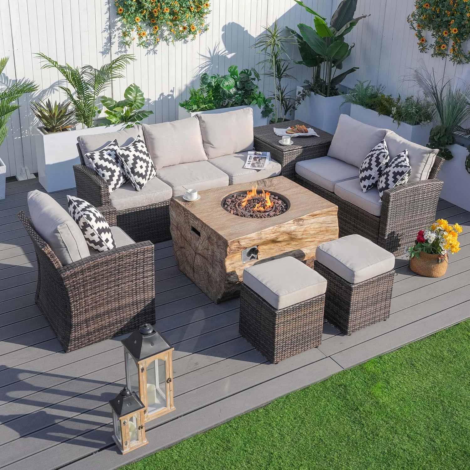 Aluminum Patio and Outdoor Rectangle Firepit in Grain Pattern with Rain Cover