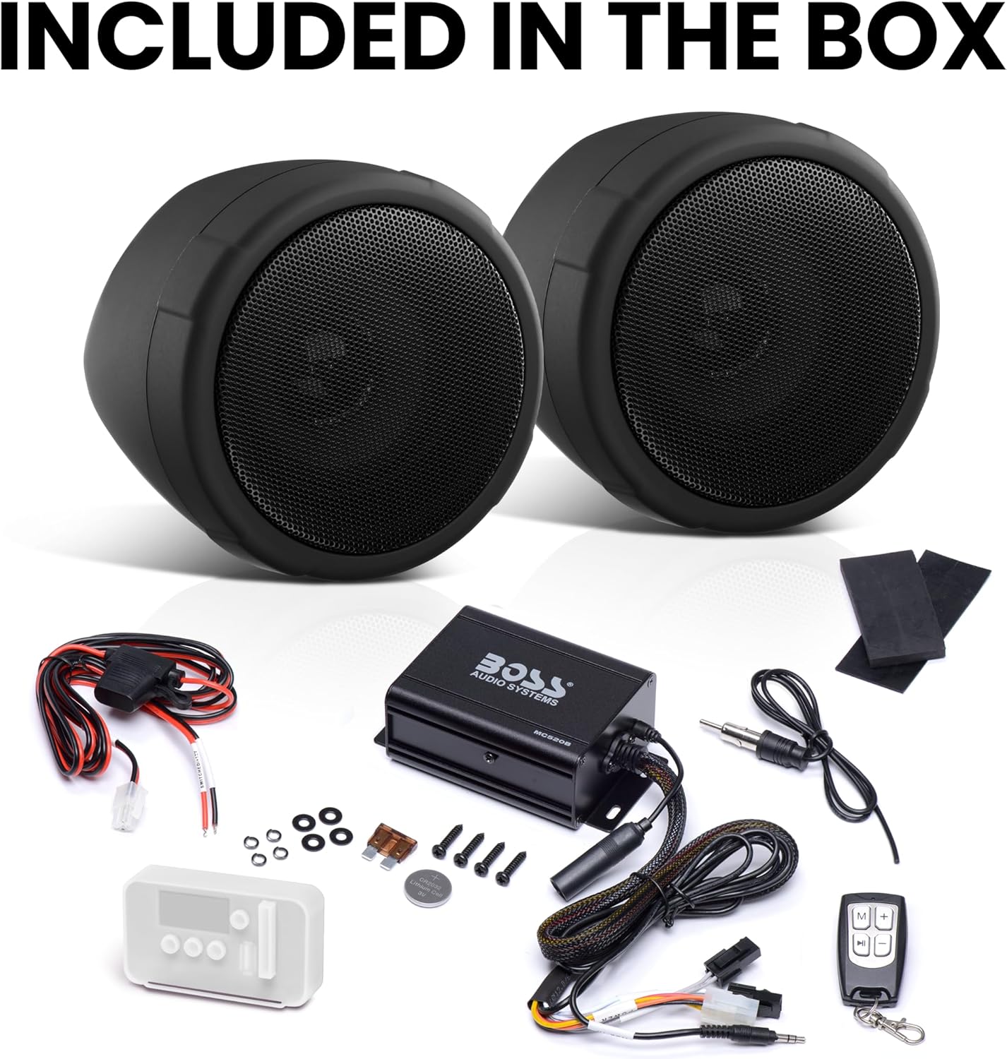 BOSS Audio Systems MCBK520B Motorcycle 3 Inch Stereo Speakers and Amplifier Audio Sound System - Bluetooth 2 Channel Amplifier, Weatherproof, FM Tuner, USB, SD, Auxiliary In, ATV UTV Compatible
