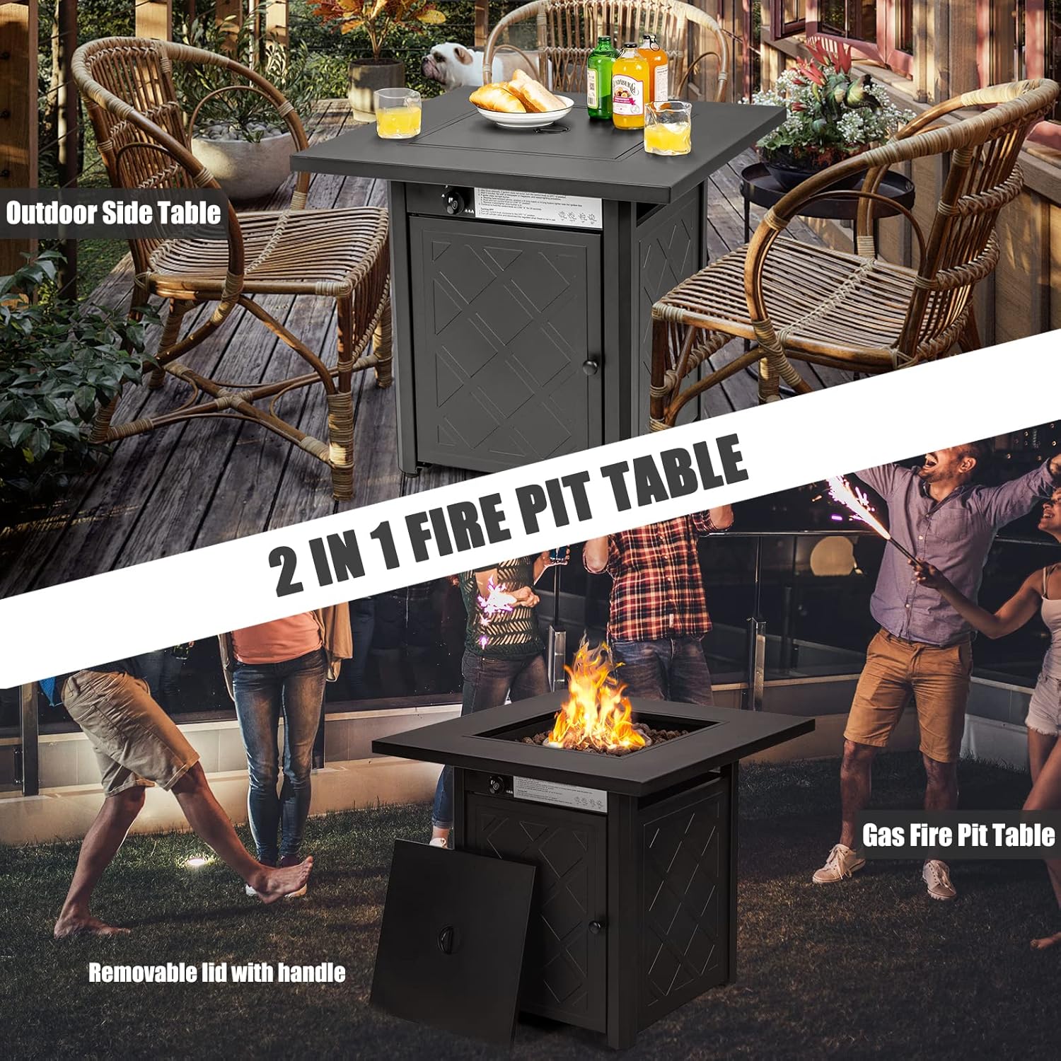 Happygrill Propane Fire Pit Table, 28’’ Outdoor Gas Fire Pit with Lid & Lava Rocks, 50,000BTU Auto-Ignition Fire Table with Adjustable Flame, 2-in-1 Square Fire Pit Table for Patio Backyard Poolside