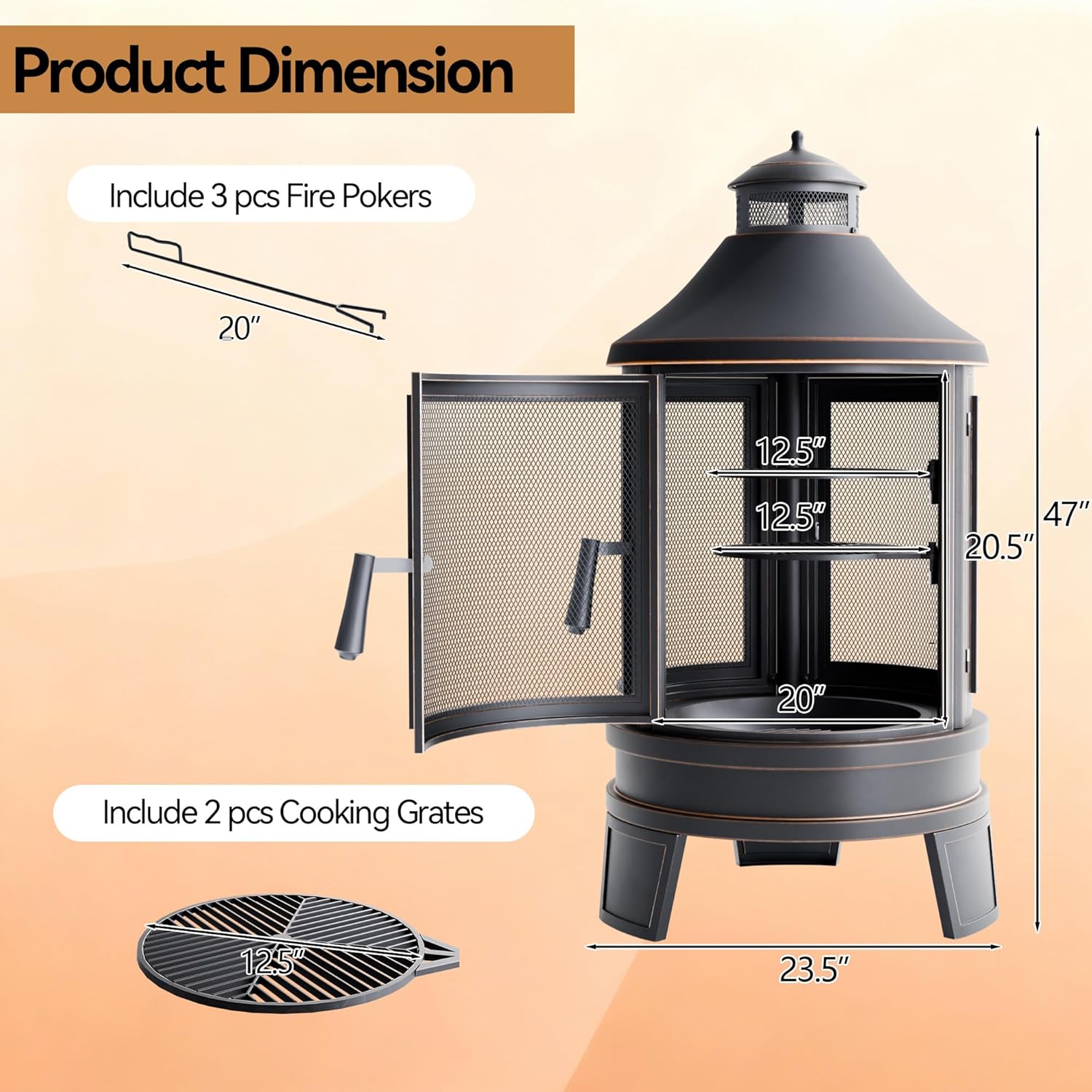 Metal Outdoor Fire Pit for Outside Wood Burning，24 Inch Chiminea Outdoor Fireplace with Adjustable Grill Tray, Spark Screen Door & Fire Poker, for Patio, Garden, Backyard