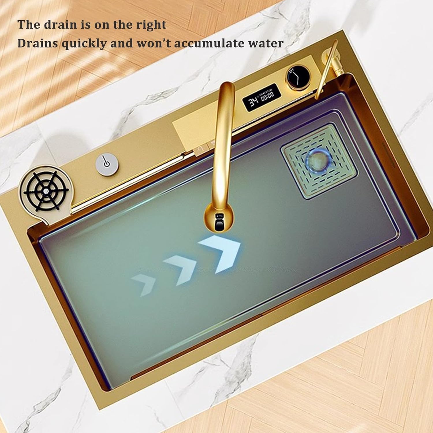 Golden Sink with Waterfall Faucet Stainless Steel Sink Golden Kitchen Sink Water Temperature Display Including Cup Washer and Other Accessories,75x46x22cm