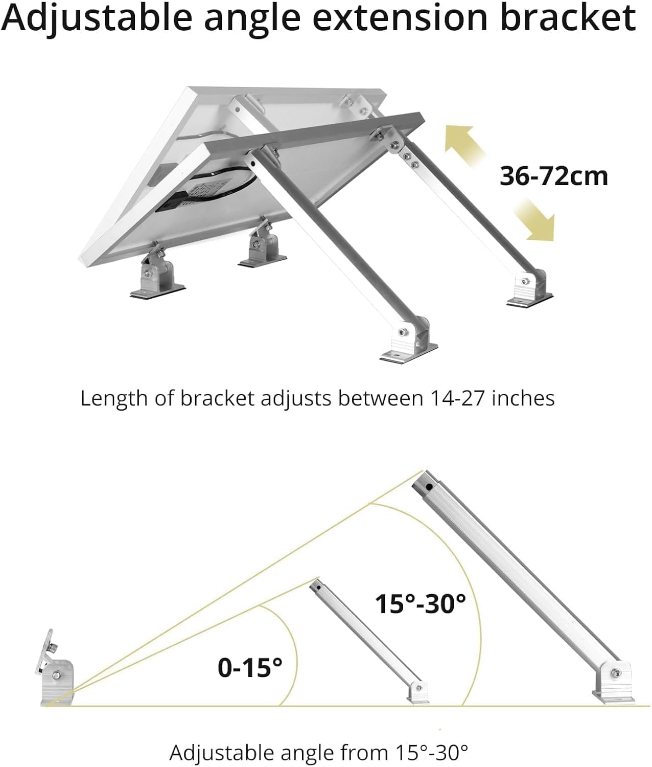 Anbte 2 Set Adjustable Solar Panel Tilt Mount Brackets, Aluminum Alloy Solar Ground Mount 15-30° Support 50W 70W 100W 150W 200W 300W 400W Panels, for Flat Surface, RV, Roof, Boat, Silver