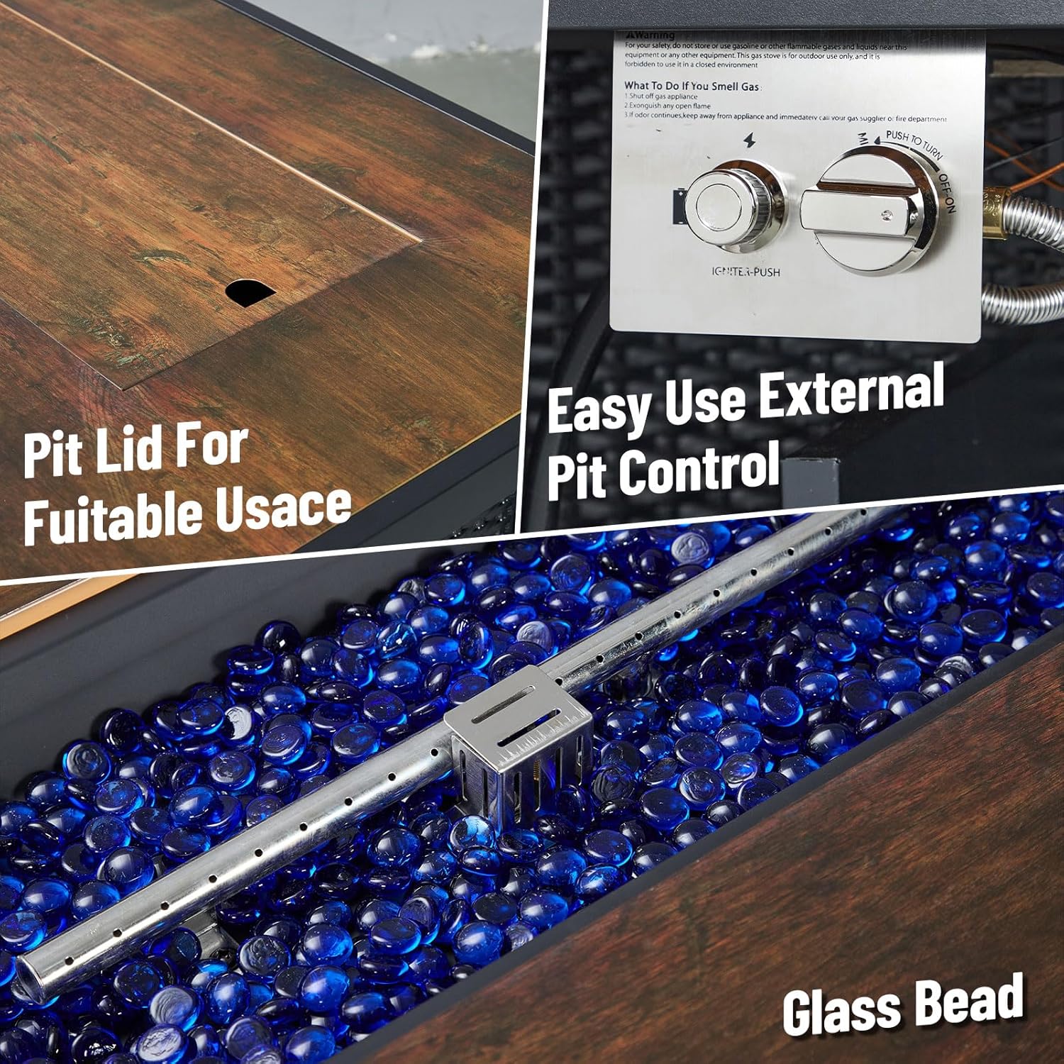 Rectangle Fire Table, 44 Inch Propane Fire Pit Table, 50000BTU, Rattan Panel, Glass Wind Guard, Black Tempered Glass Tabletop, CSA Safety Certified, Companion for Your Garden