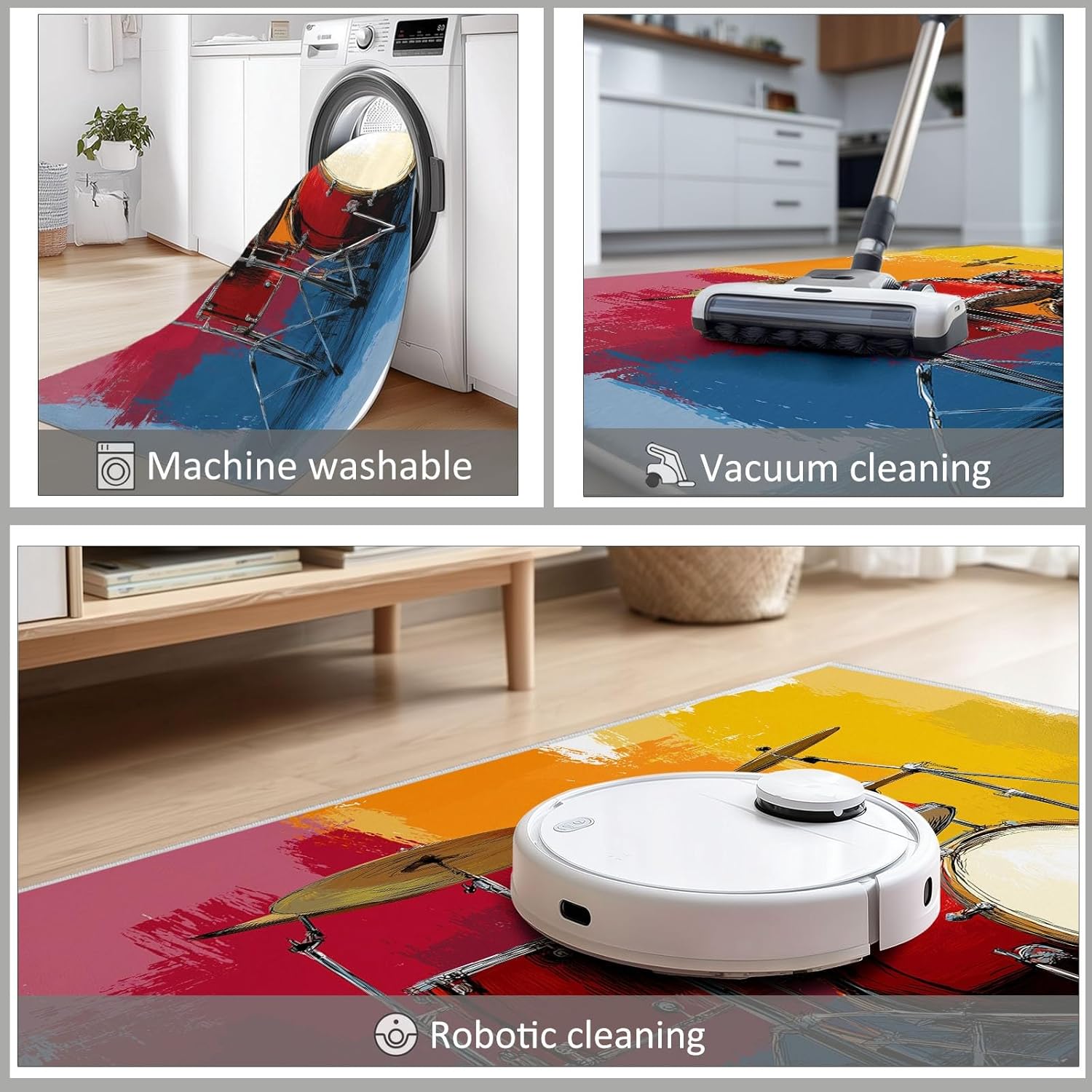 Area Rug for Living Room 8x10 ft Colorful Graffiti Drum Kit Machine Washable Non-Slip Rugs, Soft Accent Rugs, Lightweight Carpet, Foldable Easy Care, Stylish Indoor Area Rug