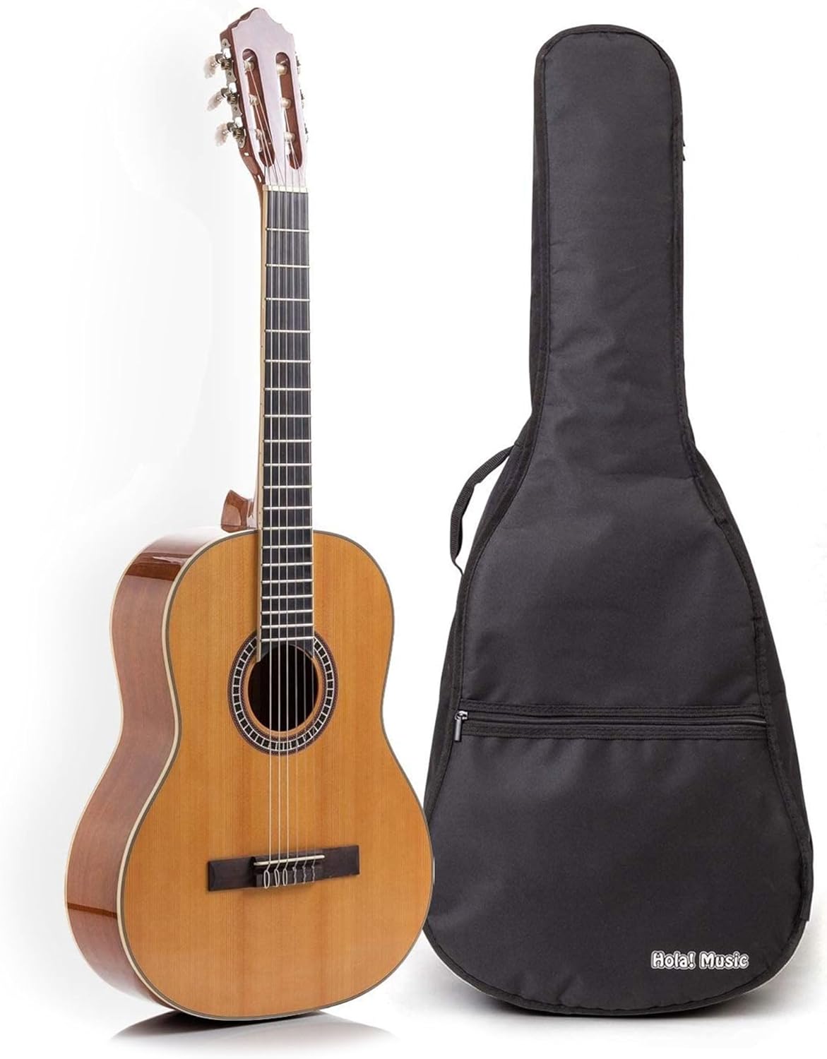 Classical Guitar 4/4, Full Size 39 Inch Wooden Guitar with Soft Nylon Strings by Hola! Music, Natural Gloss Finish - FREE Padded Gig Bag Included