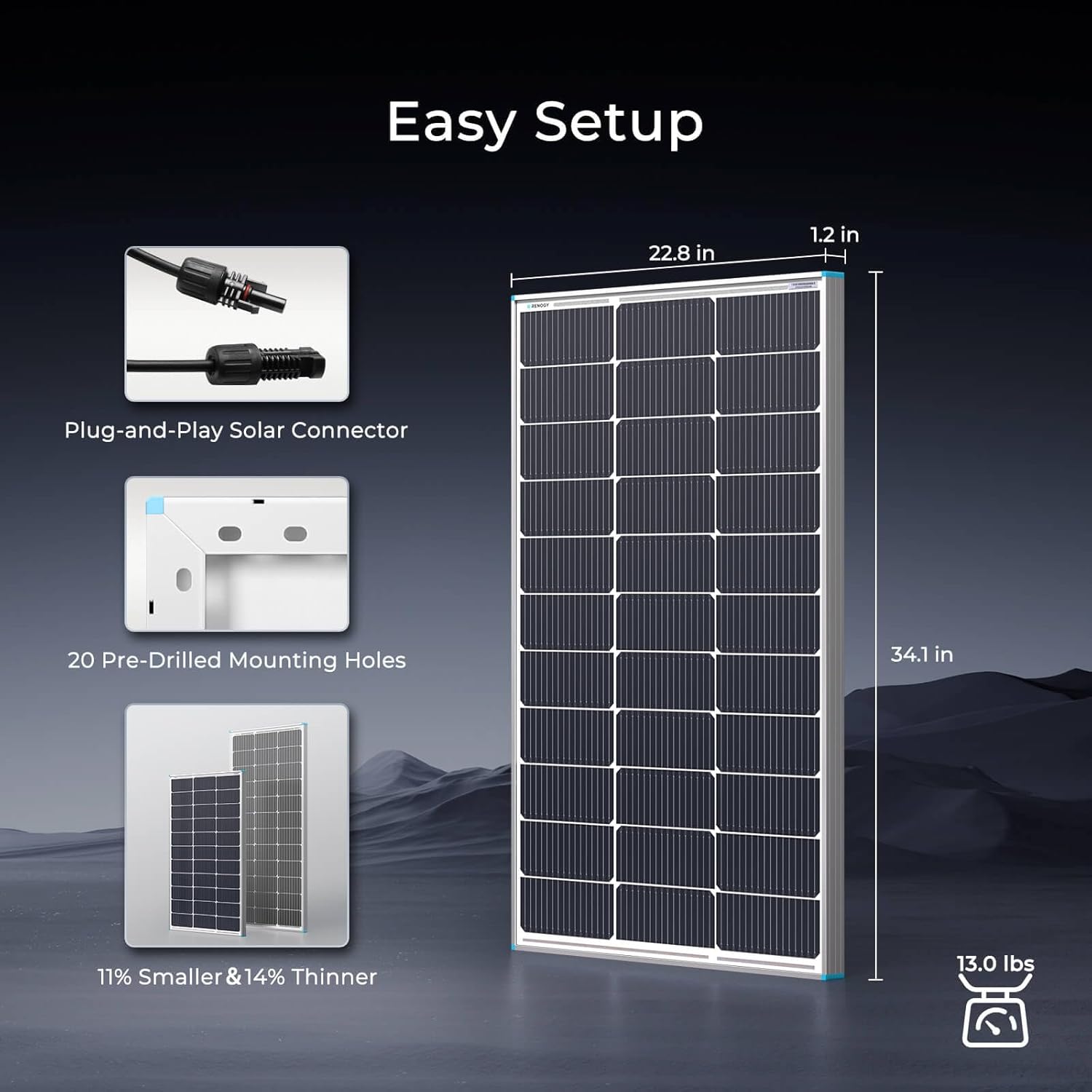 Renogy Solar Panel 100 Watt 12 Volt, High-Efficiency Monocrystalline PV Module Power Charger for RV Marine Rooftop Farm Battery and Other Off-Grid Applications, RNG-100D-SS, Single 100W