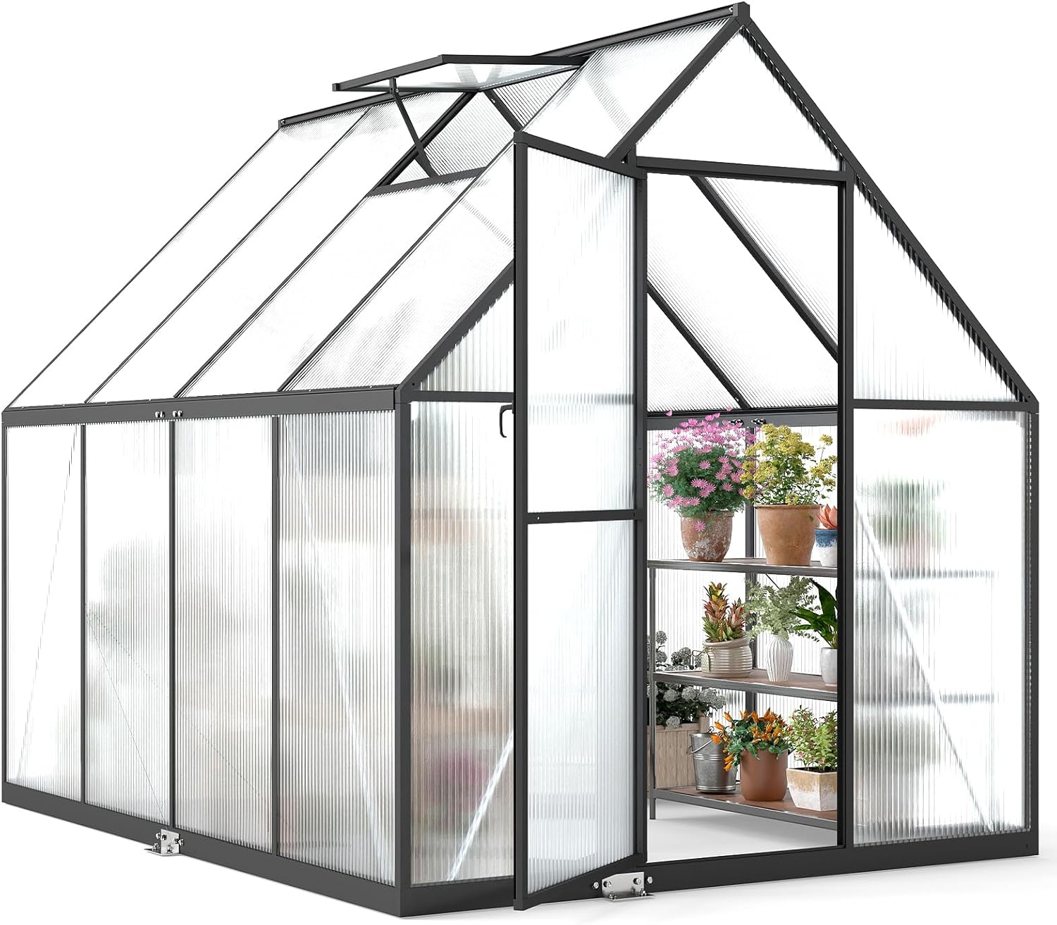 6x8FT Greenhouse for Outdoors, Galvanized Steel Frame Winter Green House w/Adjustable Roof Vent, Lockable Door Handle &DrainageSystem, Walk-in Greenhouses for Outside Garden Backyard