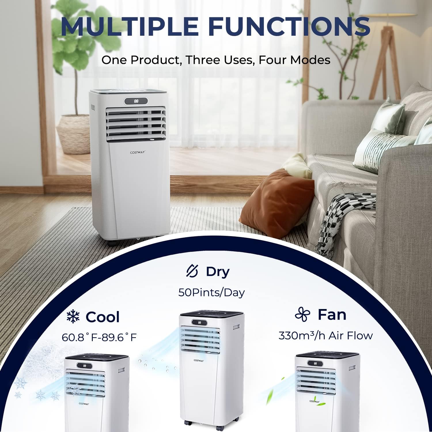 COSTWAY Portable Air Conditioner, 10000BTU Air Cooler with Drying, Fan, Sleep Mode, 24H Timer Function, Remote Control, Cools Room up to 350 Sq. ft, for Home & Office Use, Window Kit Included, White