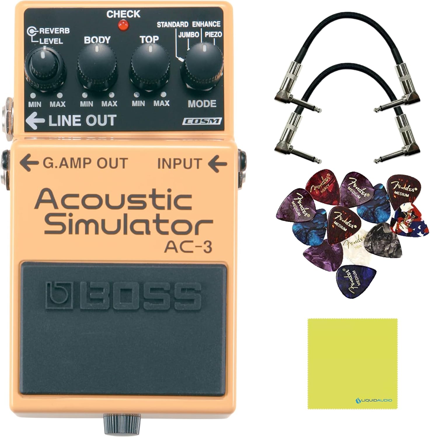 Boss AC-3 Acoustic Simulator Pedal Bundle w/ 2-Pack Strukture S6P48 Woven Right Angle Patch Cable, 12-Pack Guitar Pick and Liquid Audio Polishing Cloth