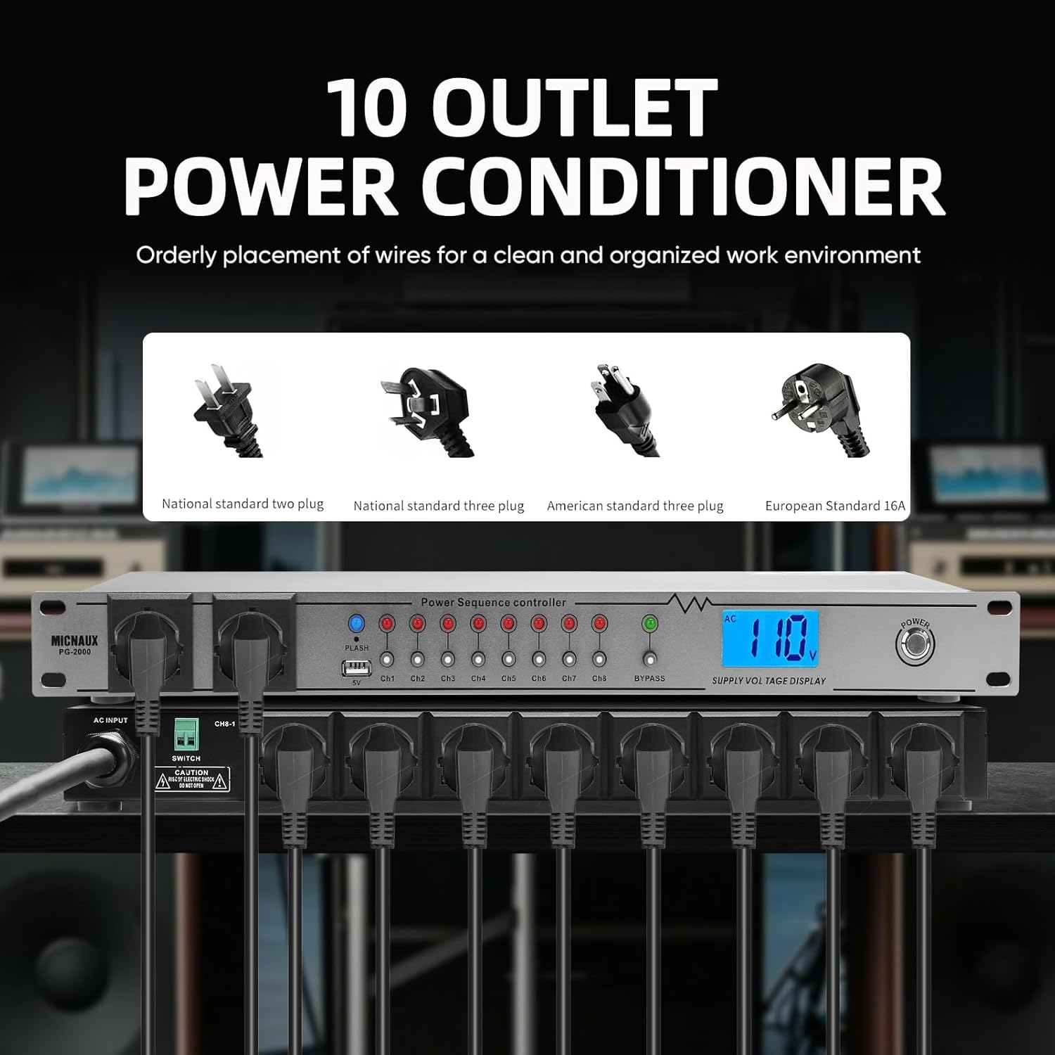 Rack Mount Power Conditioner 20A Sequencer for Audio Equipment, 10 Outlets 2000W Power Supply with 8 Independent Controls, Surge Protector, Voltage Display, External Switch