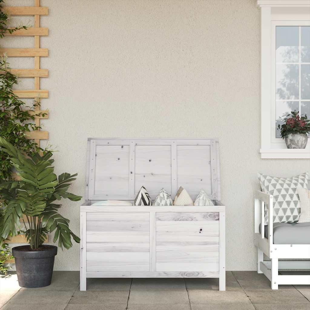 White Patio Storage Box 39x19.5x23 Inches Outdoor Furniture Cushion Organizer with Slatted Base, Solid Fir Wood Garden Toy Box for Deck, Yard, Pool Accessories