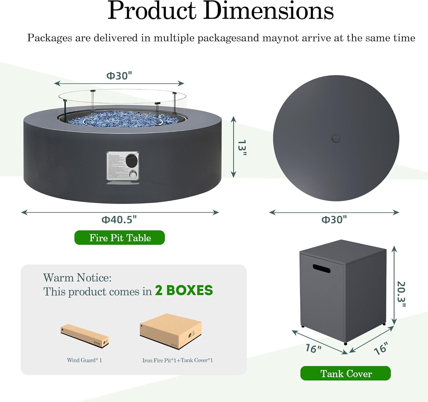Patio Watcher 42 Inch Outdoor Propane Fire Pit Table, 50000 BTU Round Iron Gas Firepit w/Tank Table, Wind Guard, Rain Cover, Glass Rocks, Patio Fire Table for Garden Backyard, Dark Gray