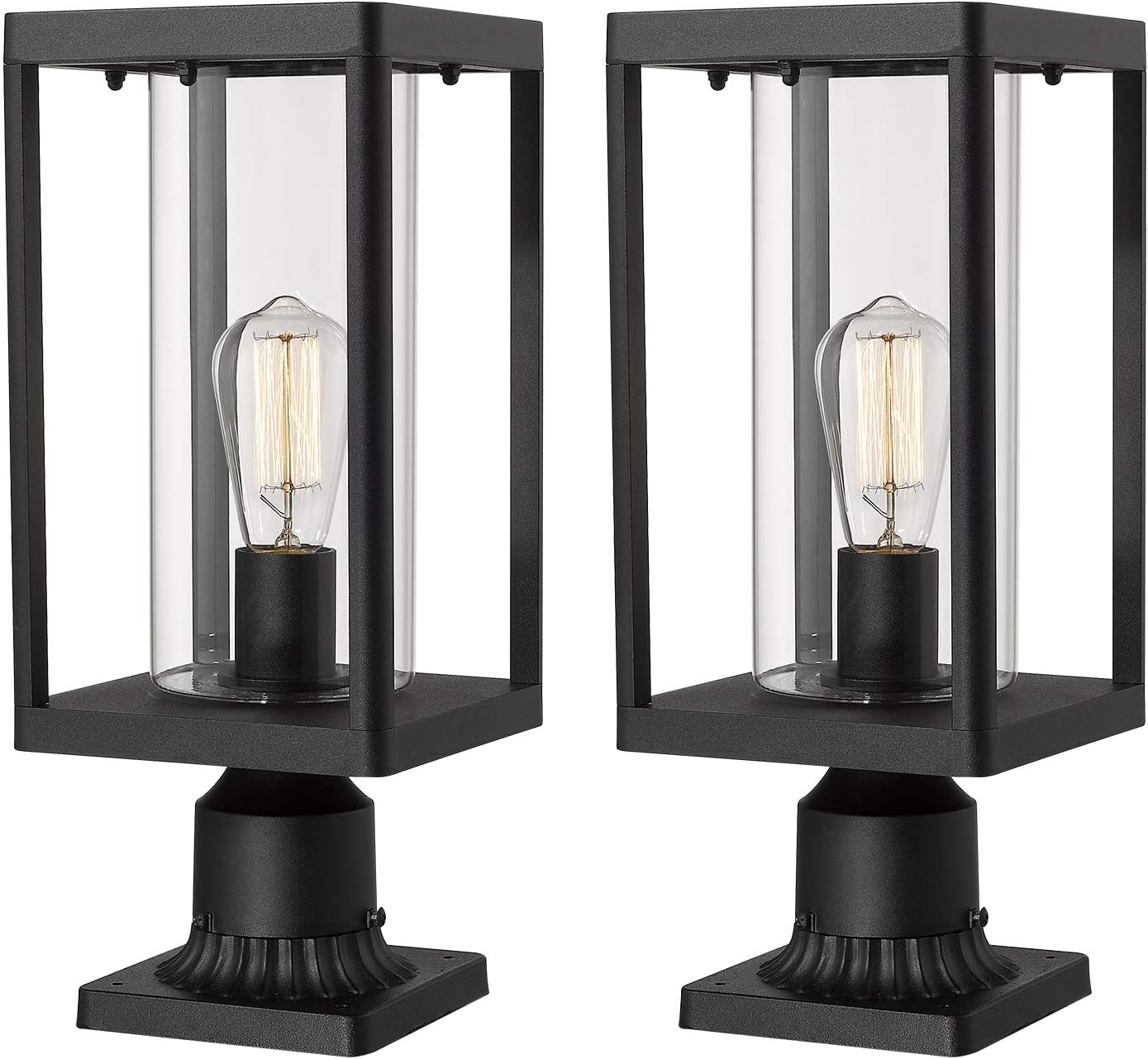 Beionxii Outdoor Post Lantern, 20inch Large Modern Lamp Post Light Fixture Exterior Pillar Lights with Pier Mount Base, Black Cast Aluminum w/Clear Cylinder Glass - A291P-2PK (NOT Solar, 110-120V AC)