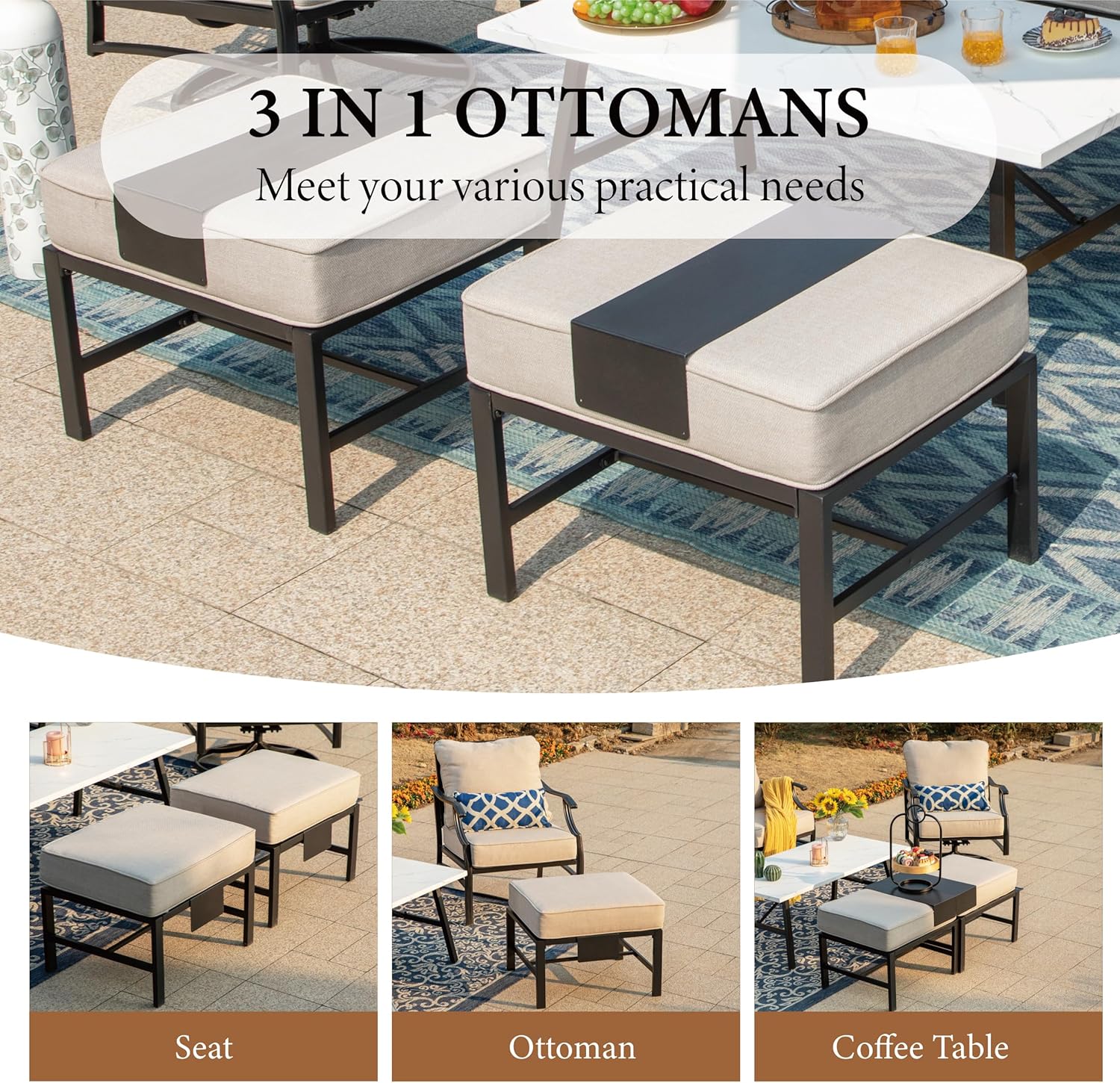 Patio Furniture Set with Firepit Table, 6 Pcs Metal Outdoor Conversation Set, 2 X Swivel Chairs, 1 X 3-Seater Sofa and 2 X Ottomans with 5.75