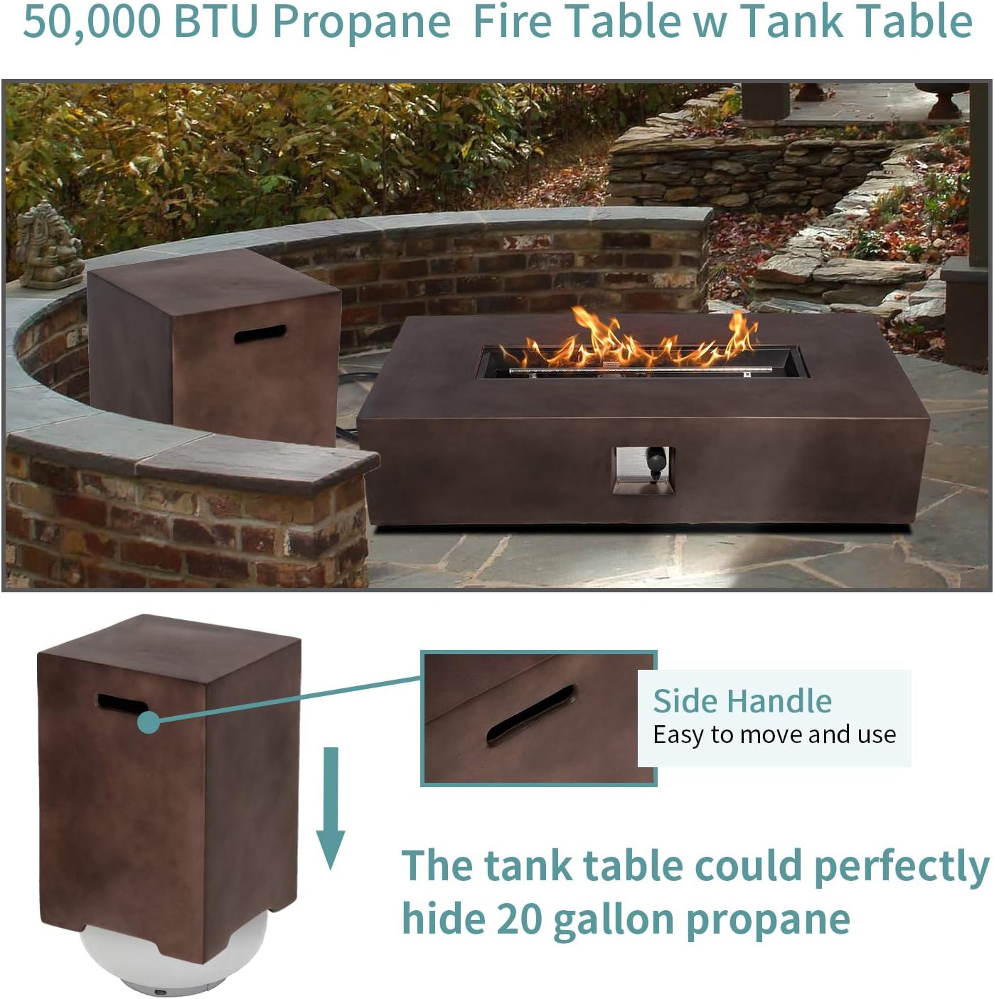 SUNBURY Outdoor Propane Fire Pit, Rectangle Dark Brown Patio Fire Table 50,000 BTU w 20 lbs Tank Cover, Waterproof Cover for Garden, Backyard
