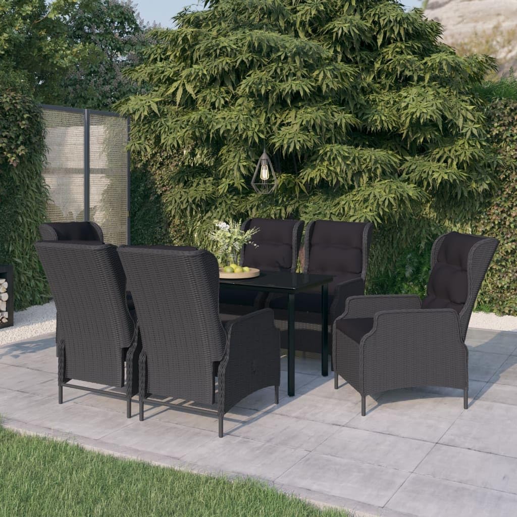 Garden Dining Set Dark Grey, Black Steel Frame, PE Rattan, Glass Top, 6-Seater Outdoor Table and Chairs, Patio Furniture Set for Balcony