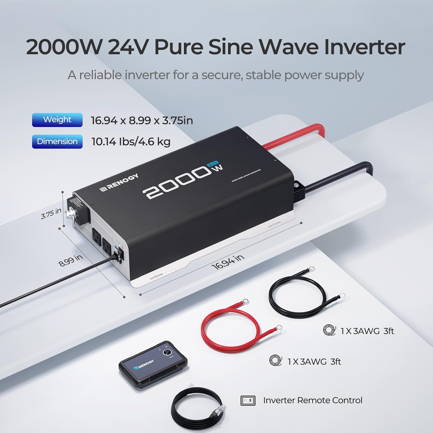 Renogy 2000W 24V Pure Sine Wave Inverter, 4000W Peak Power, 92% Energy Efficiency, with 2 AC Outputs, Remote Control, RV Truck Marine Camping
