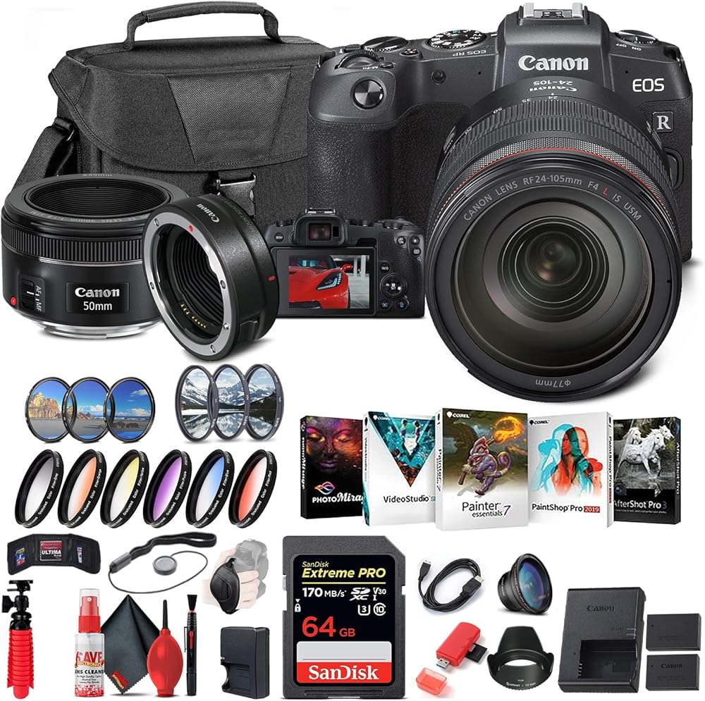 Canon EOS RP Mirrorless Digital Camera with 24-105mm Lens (3380C012) + Canon EF 50mm Lens + Mount Adapter EF-EOS R + 64GB Memory Card + Color Filter Kit + Case + Filter + More (Renewed)