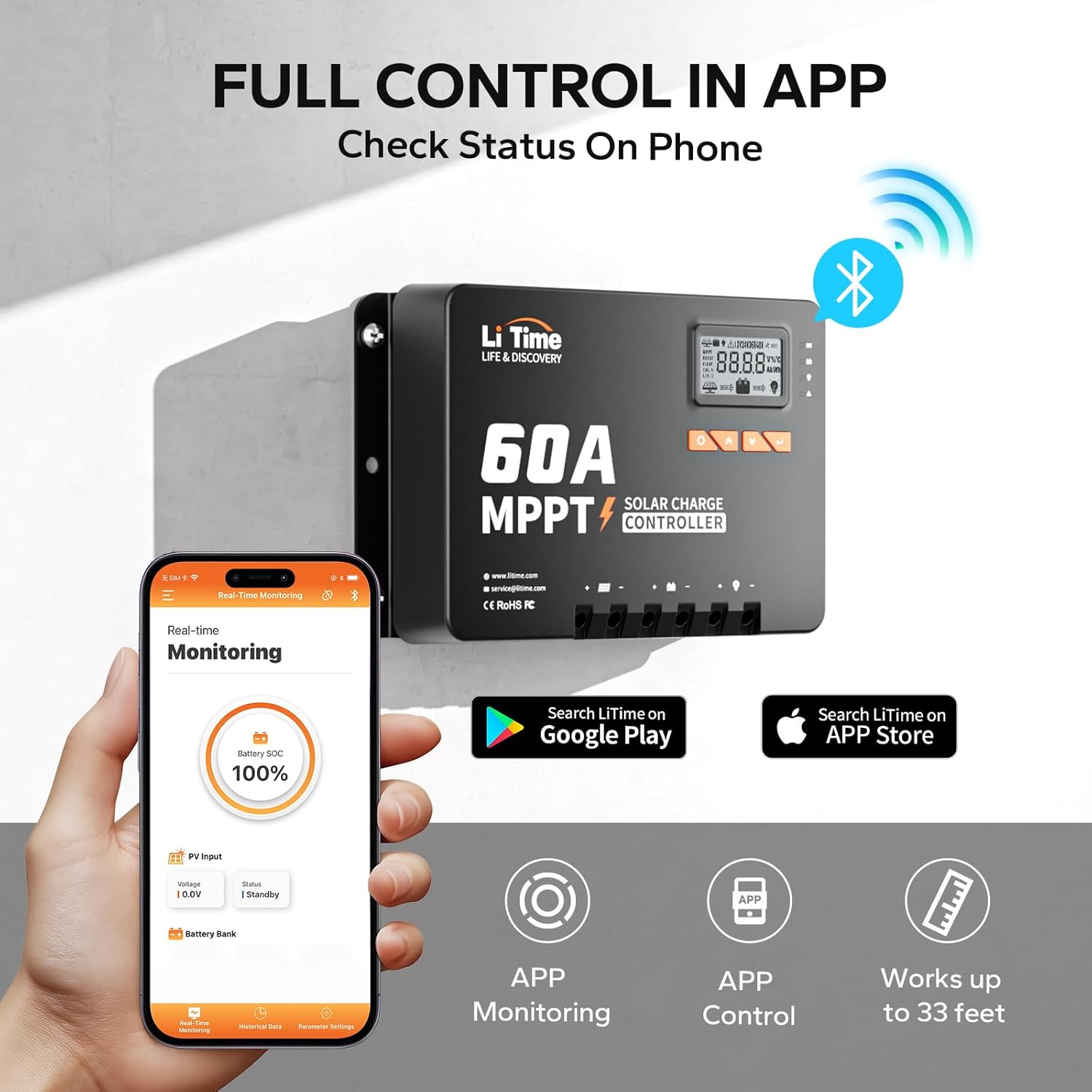 LiTime MPPT Solar Charge Controller (Bluetooth) - Solar Panel Regulator -150V, 60Amp, 12/24/36/48Volt for LiFePO4 and Lead-Acid Battery in Solar System