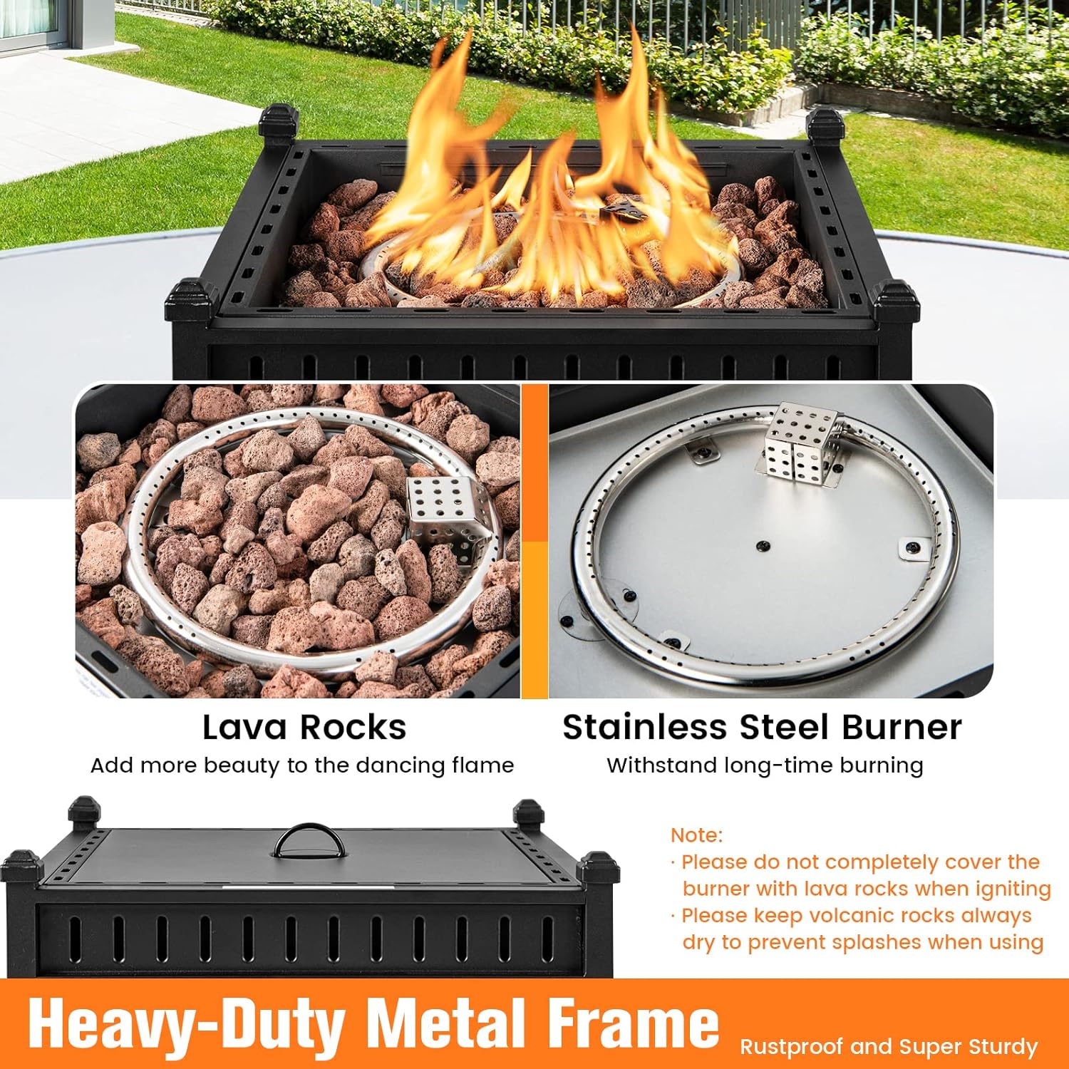 COSTWAY 16.5 Inch Tabletop Propane Fire Pit, 40,000 BTU Outdoor with Removable Lid, Simple Igniting System, Lava Rocks & Tank Seat Included, Ideal for Tables with 2'' Umbrella Hole