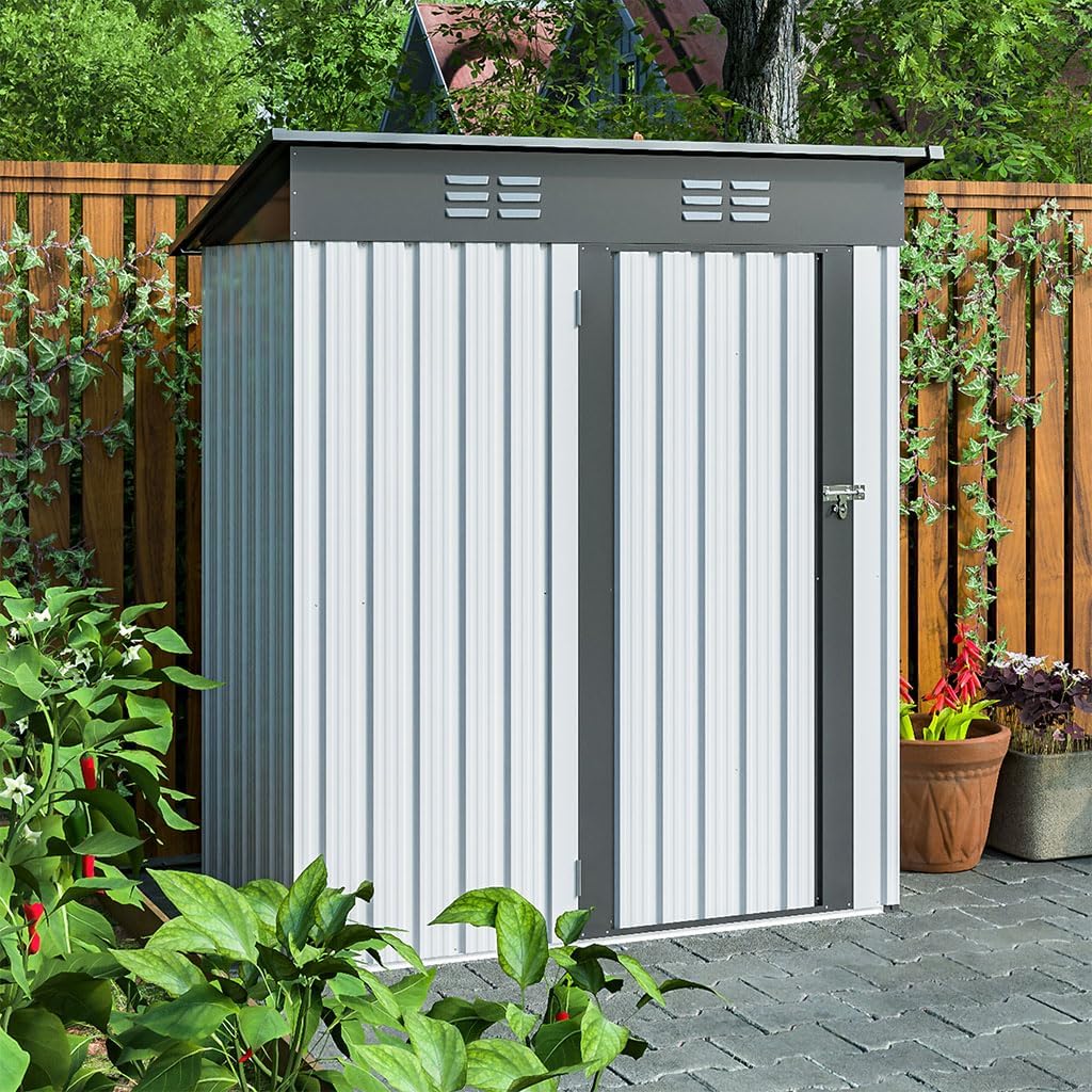 5 X 3 FT Outdoor Storage Shed, Tool Metal Storage Shed with Steel Anti Corrosion Storage House All Weather Garden Sheds with Lockable Door for Outdoor Garden Patio Backyard Lawn(White)