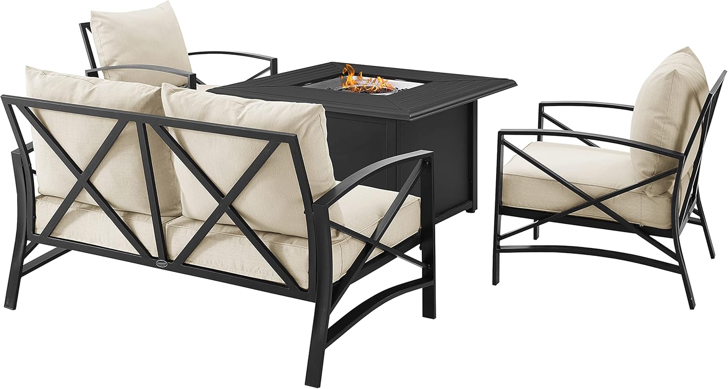 Crosley Furniture Kaplan 4-Piece Outdoor Loveseat Patio Furniture Set with Propane Gas Fire Pit Table, Oiled Bronze with Oatmeal Cushions