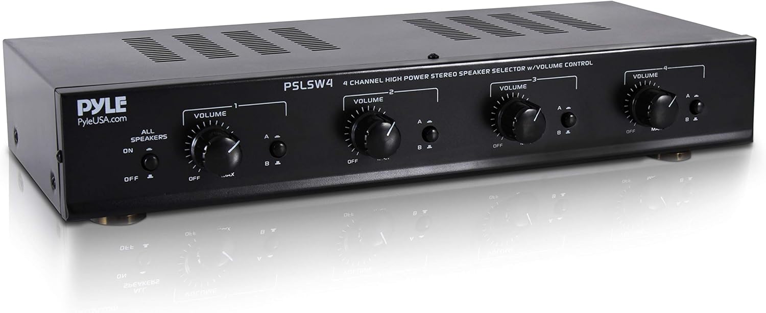 Pyle 4 Channel Speaker Selector Switch - Multi Zone Audio Distributor with Independent Volume Control, Compact Design, Supports Home Theater and Stereo Systems - PSLSW4.5