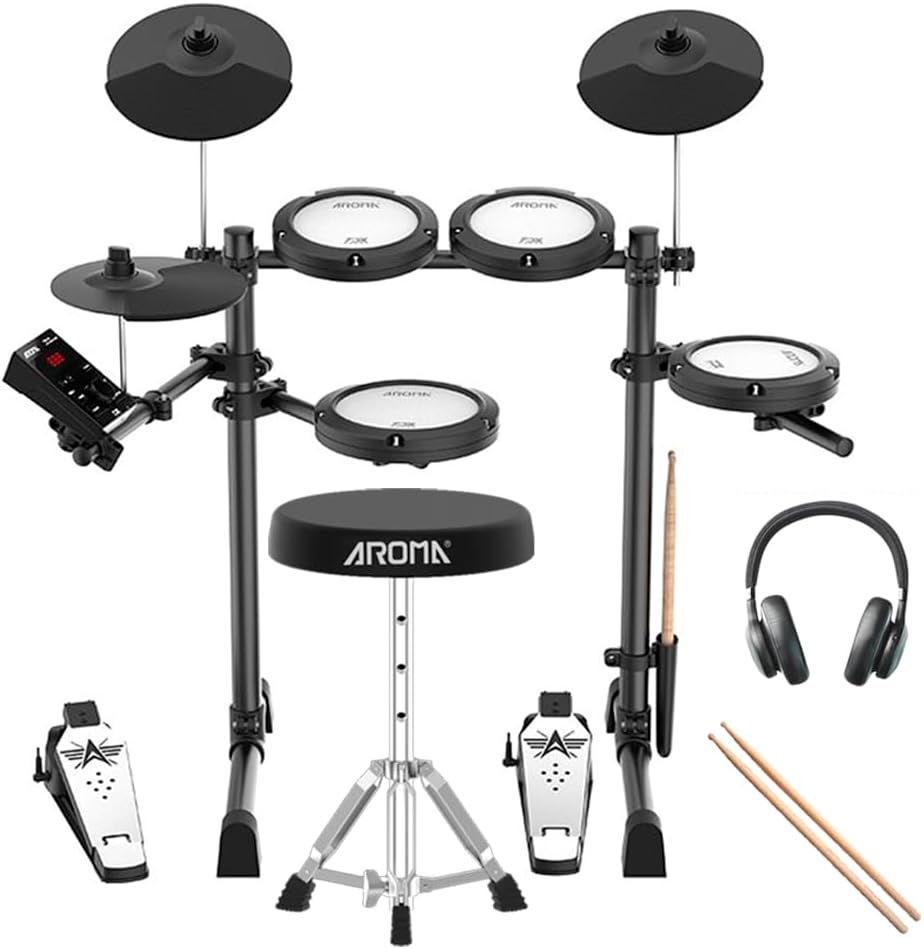 AROMA TDX-18 Electronic Drum Set with 4 Quiet Mesh Drum Pads, 2 Switch Pedal, Portable and Solid Drum Set with, Bluetooth, Drum Throne, Headphones and Sticks