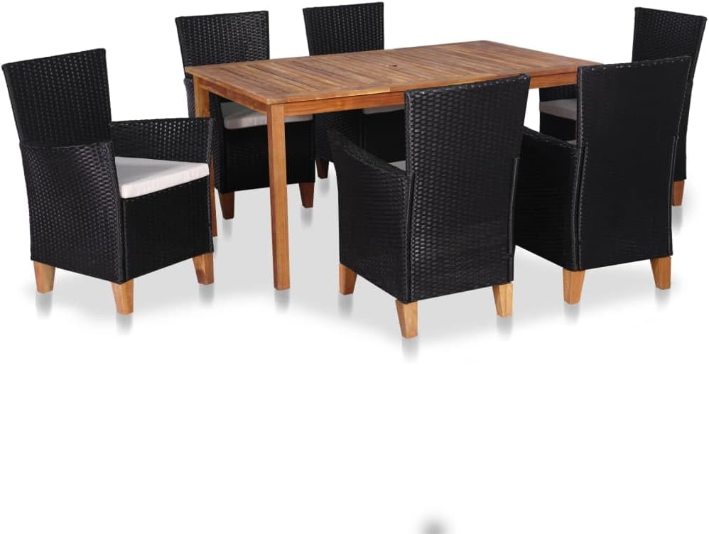 7 Piece Patio Dining Set Poly Rattan Black and Brown,AllWeather Outdoor Dining Set: Acacia Wood Table and Rattan Chairs for Patio, Backyard, and Garden Patio Furniture Sets, Outdoor Furniture Sets