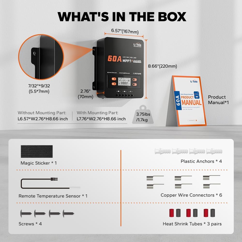 LiTime 60A MPPT Solar Charge Controller (No Build-in Bluetooth), 12V/24V/36V/48V Auto, Max PV Input 200VDC LCD Display Solar Panel Regulator for LiFePO4/Lead-acid Battery