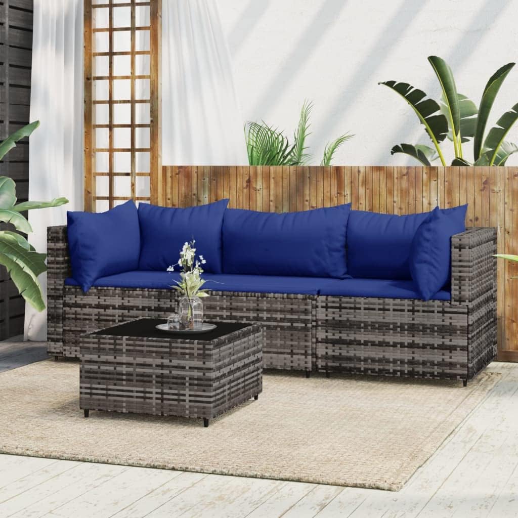 4 Piece Patio Lounge Set with Cushions Gray Poly Rattan,Outdoor Lounge Set with Corner Sofa, Middle Sofa and Coffee Table for Garden, Patio Outdoor Furniture, Patio Seating