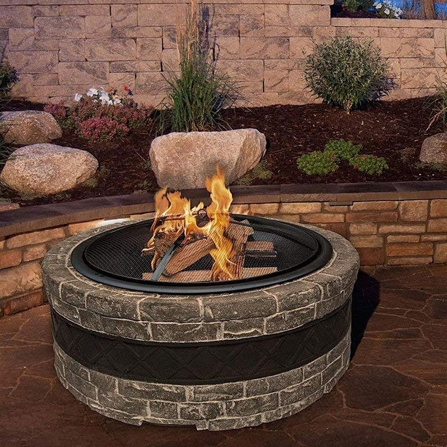 Outdoor Fire Tables Outdoor Round Fire Pit,Backyard Patio Garden Stove Wood Burning BBQ Fire Pit,Faux-Stone Finish,forrd Garden Camping Picnic Bonfire