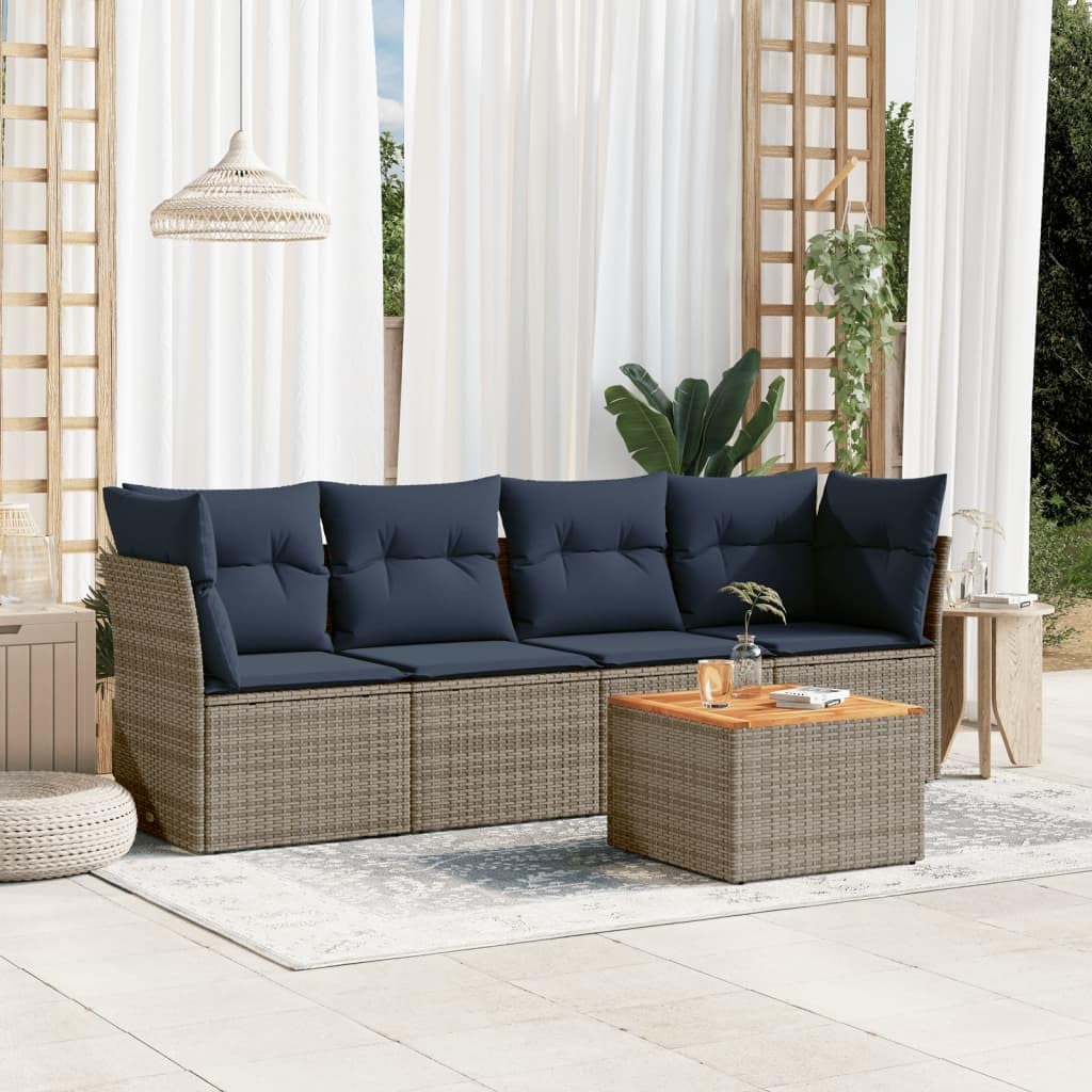 5 Piece Patio Sofa Set, Gray Poly Rattan Outdoor Furniture with Cushions, Modular Design for Backyard, Terrace, Balcony, UV-Proof