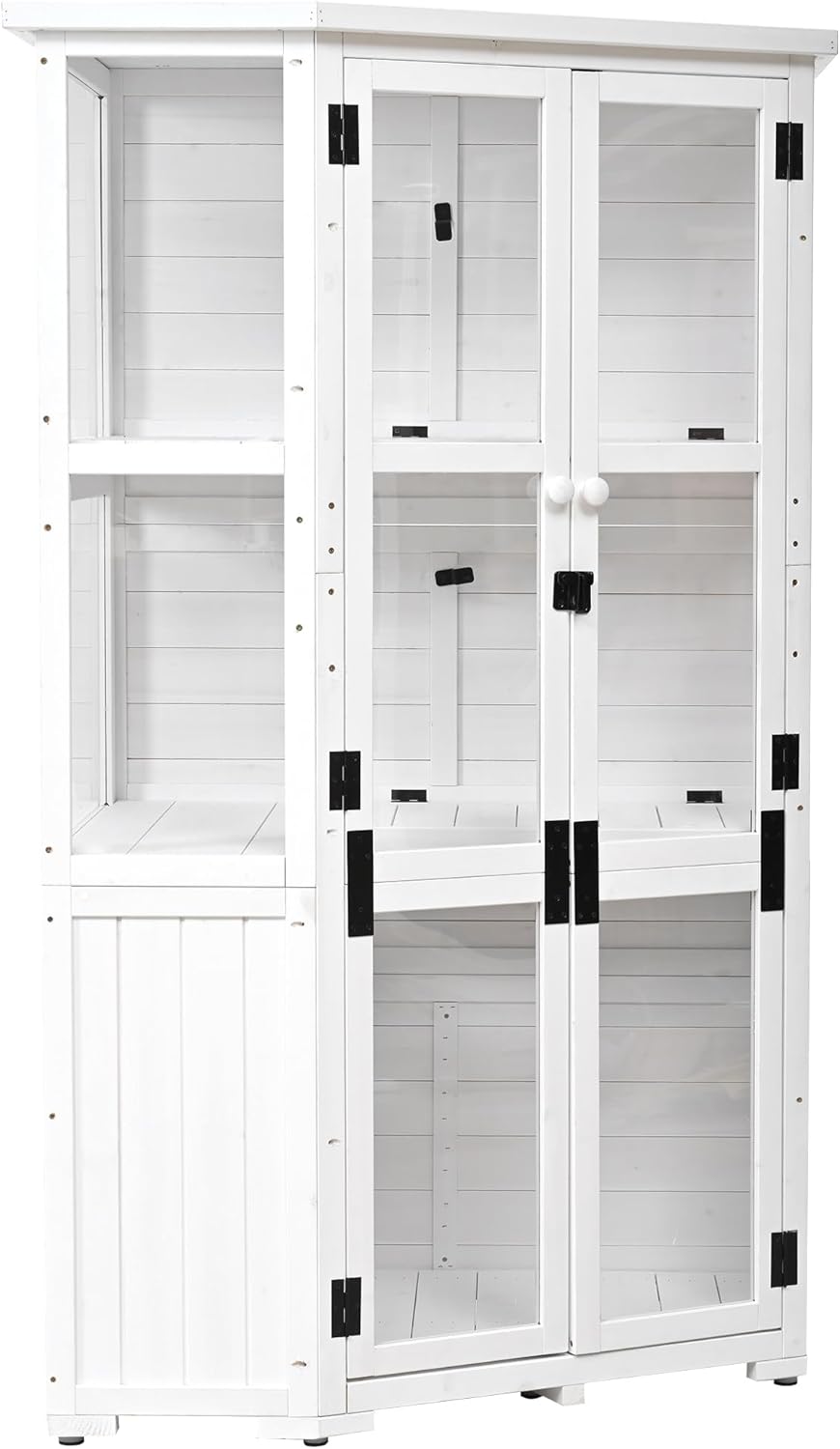 63'' Height Garden Wood Storage Cabinet Outdoor Tool Storage Shed, Mini Greenhouse Cold Frame with Waterproof-Roof and Lockable Door for Backyard, Patio, Lawn(White)