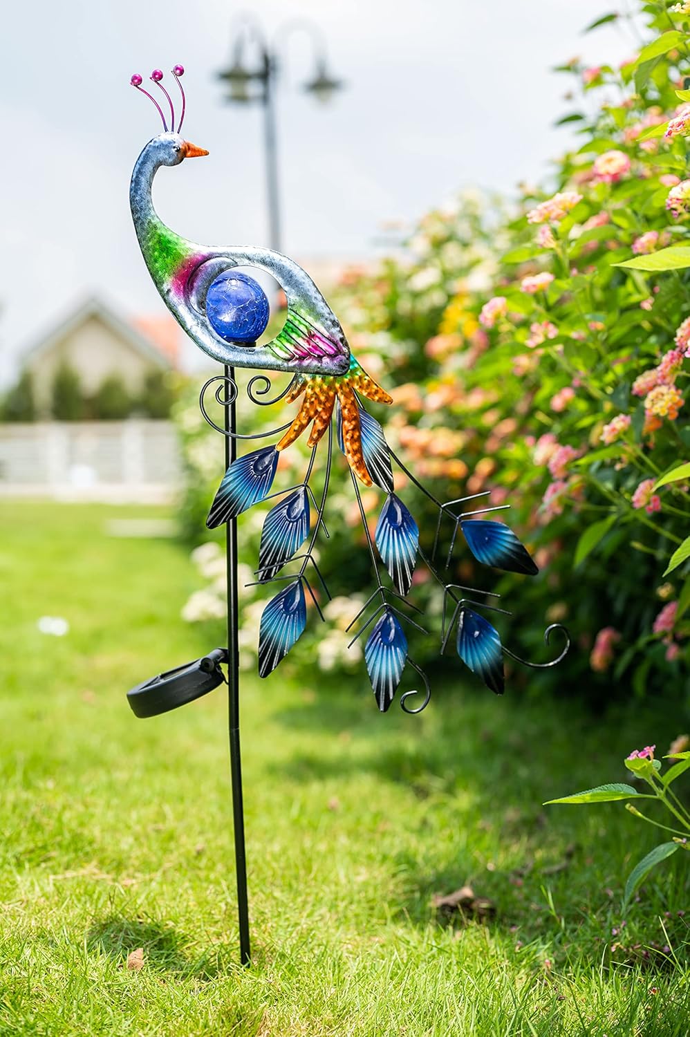 TERESA'S COLLECTIONS Peacock Garden Solar Stake, Wind Spinner Yard Art for Outdoor Decor, Metal Purple Windmill Decorative Garden Stake for Lawn Ornaments, Gifts for Mothers Day