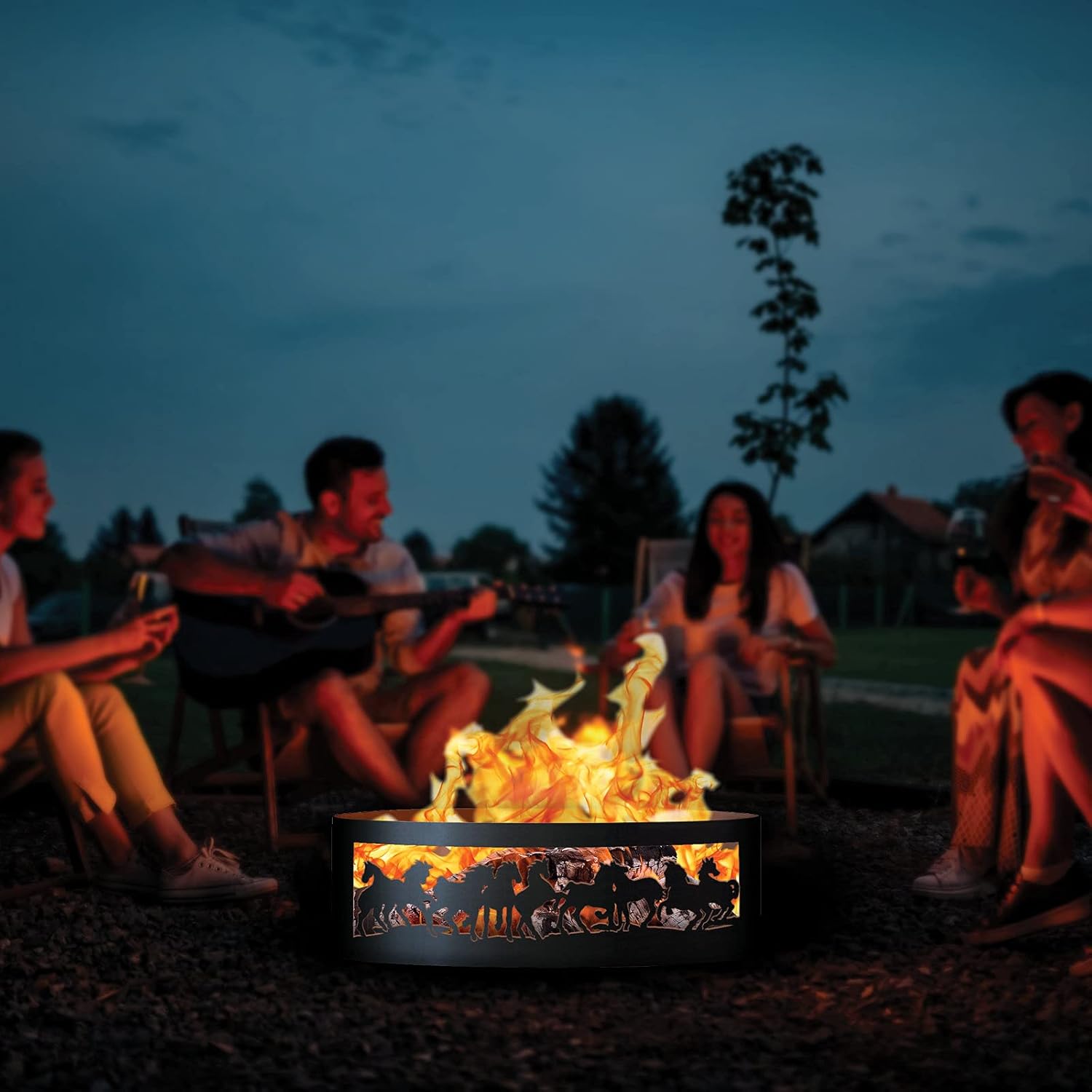 PD Metals MR00448-FP Mustangs Unpainted 12 in. Tall 48 in. Diameter Outdoor Fire Ring with Fire Poker - 48 x 48 x 12 in. - Rustic Black Color