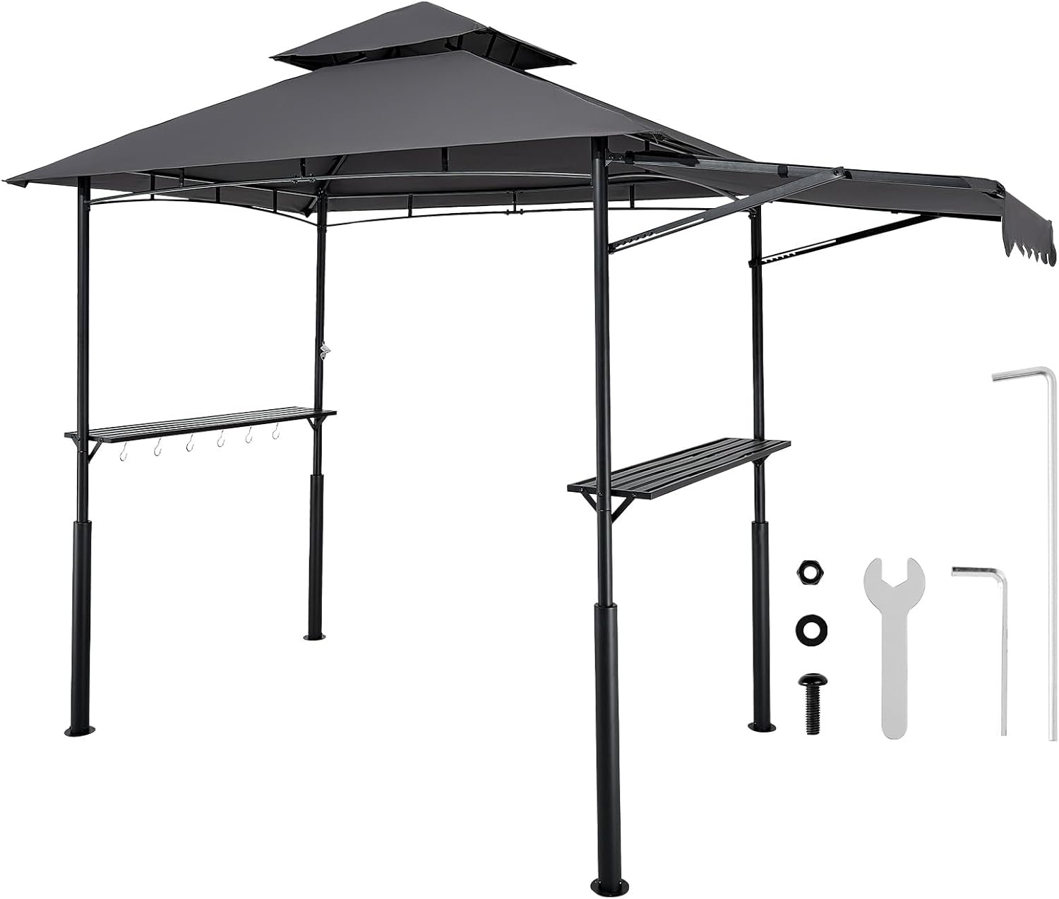 VEVOR Grill Gazebo, 8 x 5 ft Double-Tiered Top, BBQ Gazebo with Extra Awning, Powder-Coated Steel Patio Grill Shelter with 2 Side Shelves, Bottle Opener & Hooks, Outdoor Grilling Canopy for Garden