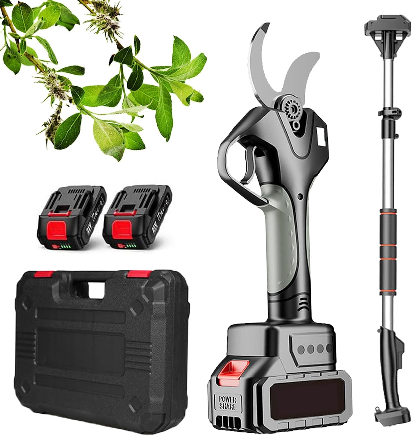 Electric Pruning Shears Secateurs, Professional Cordless Pruner for Tree Trimming Branch Cutter，with Extension Pole 6cm Knife Edge Adjustment，2 Batteries Digital，Display Screen,2*batteries